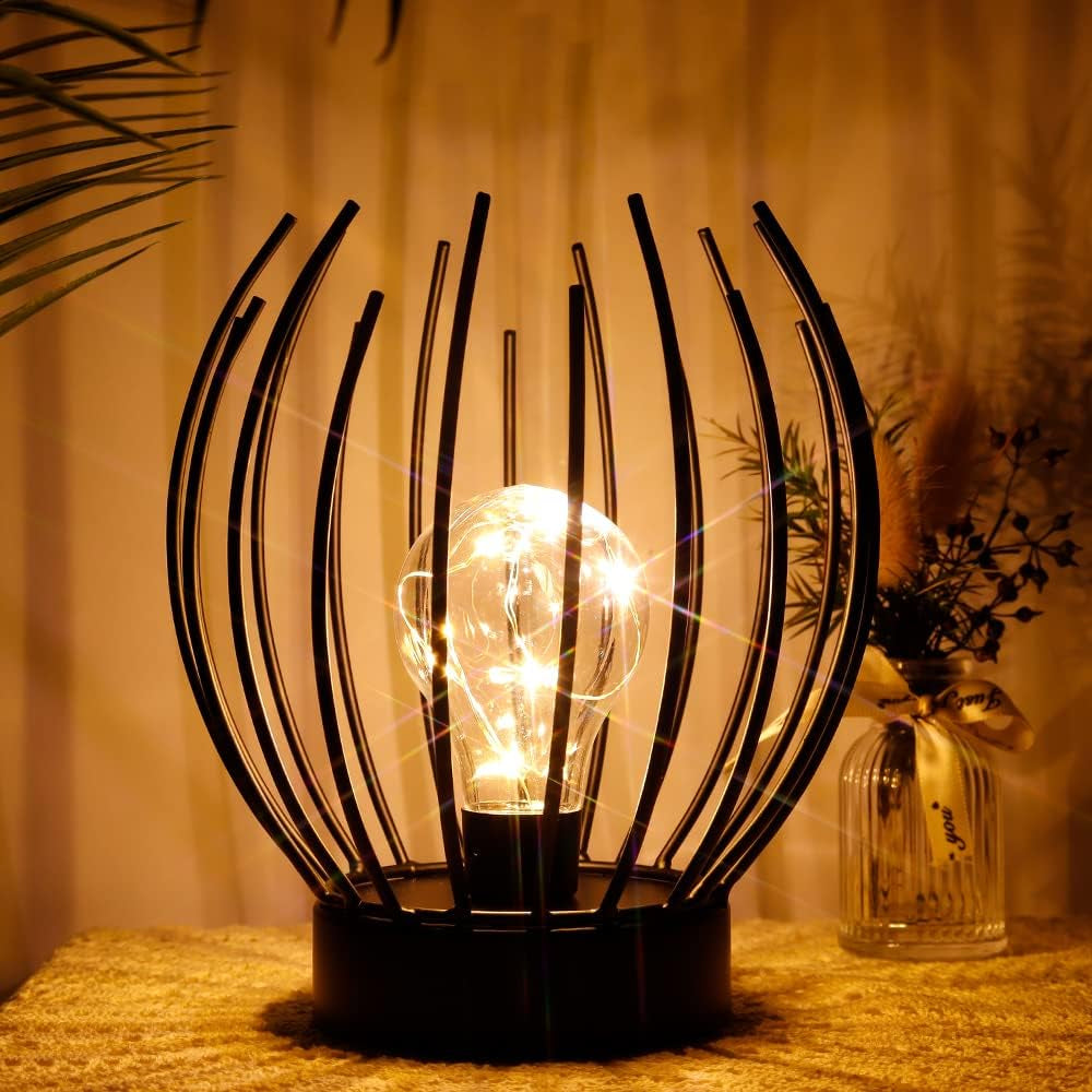 Lampada Da Tavolo in Metallo Decorazione Lampada Senza Fili Lampade Comodino Camera Da Letto a Batteria Caricata Con Lampadina Sferico per Matrimoni Feste Patio Eventi All'Aperto(Nera)