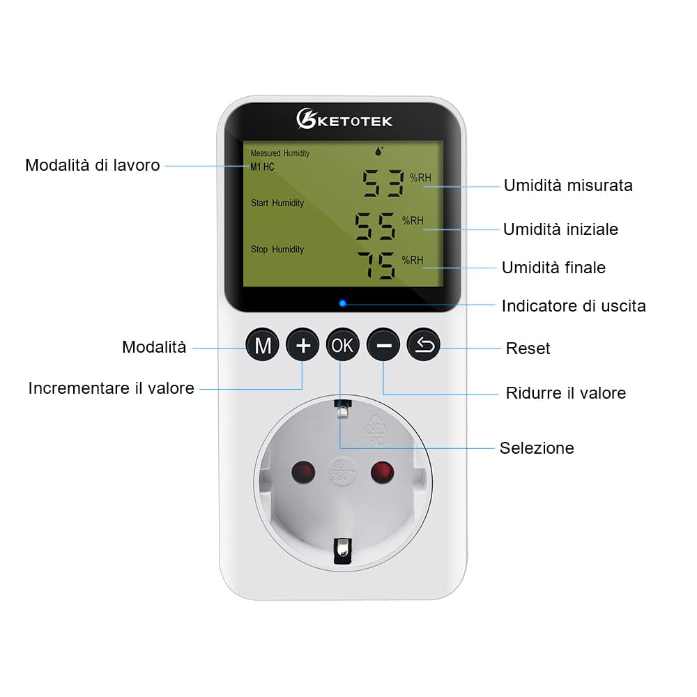 Igrostato a Presa Con Sonda 220V, Regolatore Di Umidità Spina Digitale Con Funzione Coutdown per Grow Box Incubatrice Uumidificatore Deumidificatore