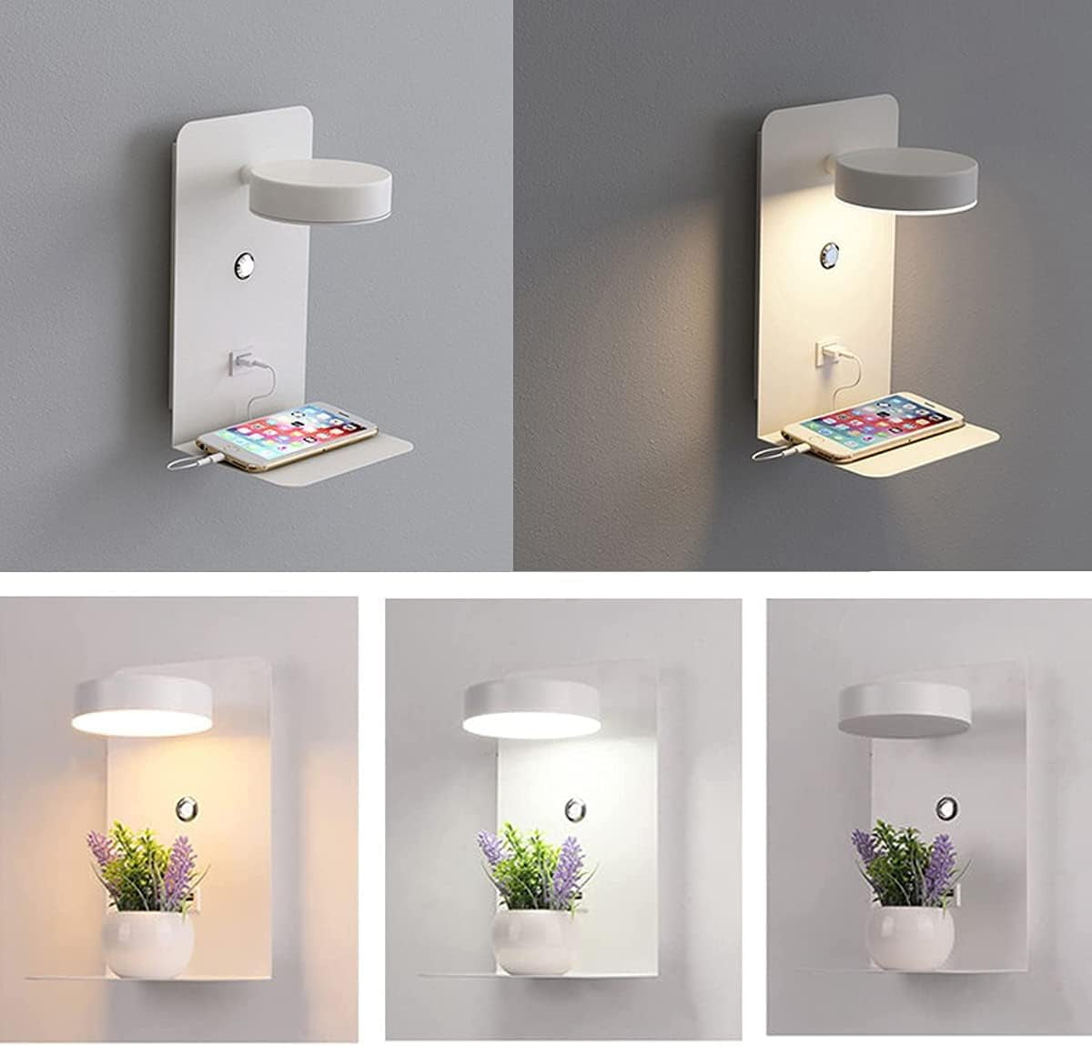 Applique Da Parete LED Con Porte USB, 2 Pezzi Lampada Da Parete Dimmerabile Al Tocco Camera Da Letto12W Con Spina, Lampada Da Muro Interno Bianco Moderna Ruotabile 350°, Luce Da Lettura Comodino