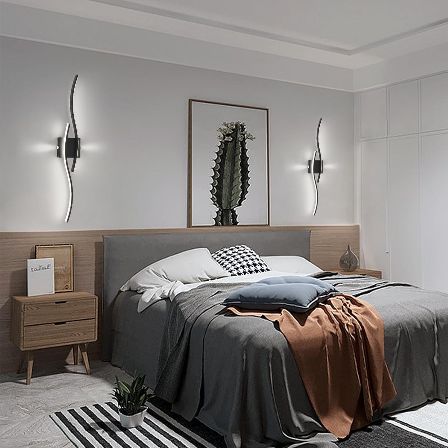 Lampada da Parete a LED per Interni, Lampade da Parete Moderne Nere LED con Sorgente Luminosa Ausiliaria su Entrambi i Lati, Lampada da Parete Curva Creativa per Scale Corridoi Soggiorno - Luce Bianca Fredda 28W 80Cm.