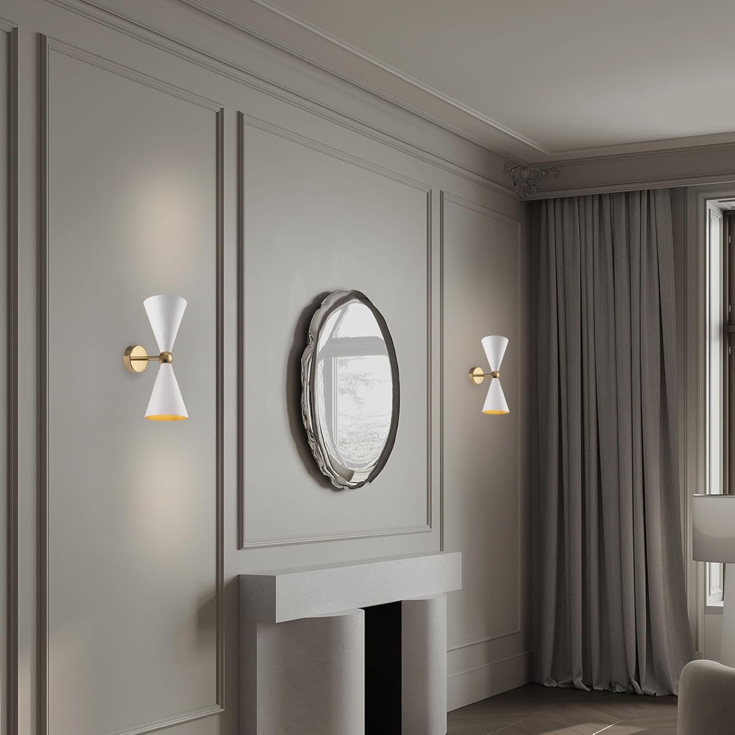 Moderna Applique Lampada Da Parete Bidirezionale a 2 Luci, Bianco E Oro, Paralumi Orientabili, per 2 Lampadine E14 40W Non Incl. per Sala, Camera Da Letto, Soggiorno, Cucina