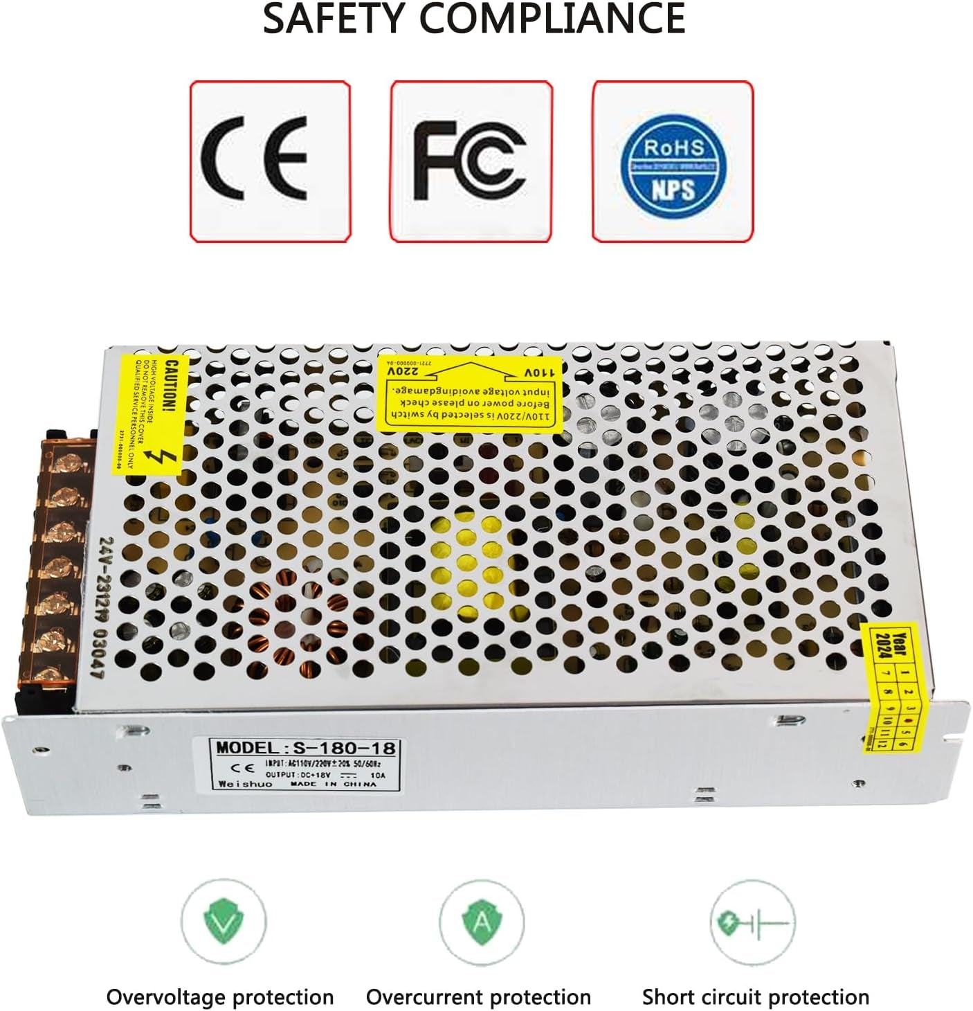 Commutazione Alimentazione Driver Trasformatore LED 18V 10A 180W per LED Strip, Telecamera CCTV, Sistema Di Sicurezza, Videosorveglianza, Controllo Industriale