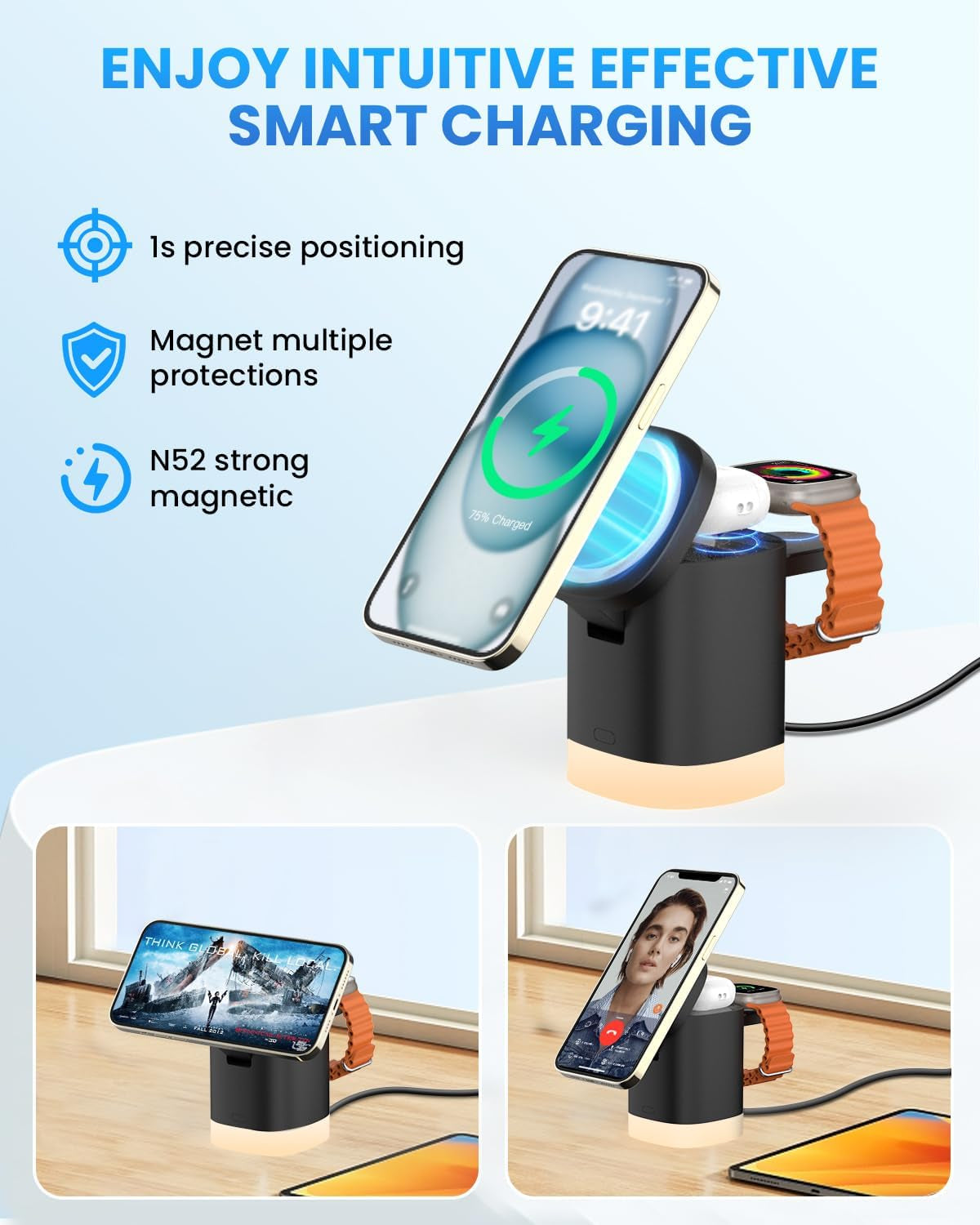 Mag Safe Caricatore Wireless 3 in 1 per I Phone 16/15/14/13/12 Serie, Pieghevole Stazione Ricarica Con Luce Notturna Regolabile per Iwatch 10/9/8/7/6/5/4/3/2/SE, per Airpods 4/3/2/Pro, Nero