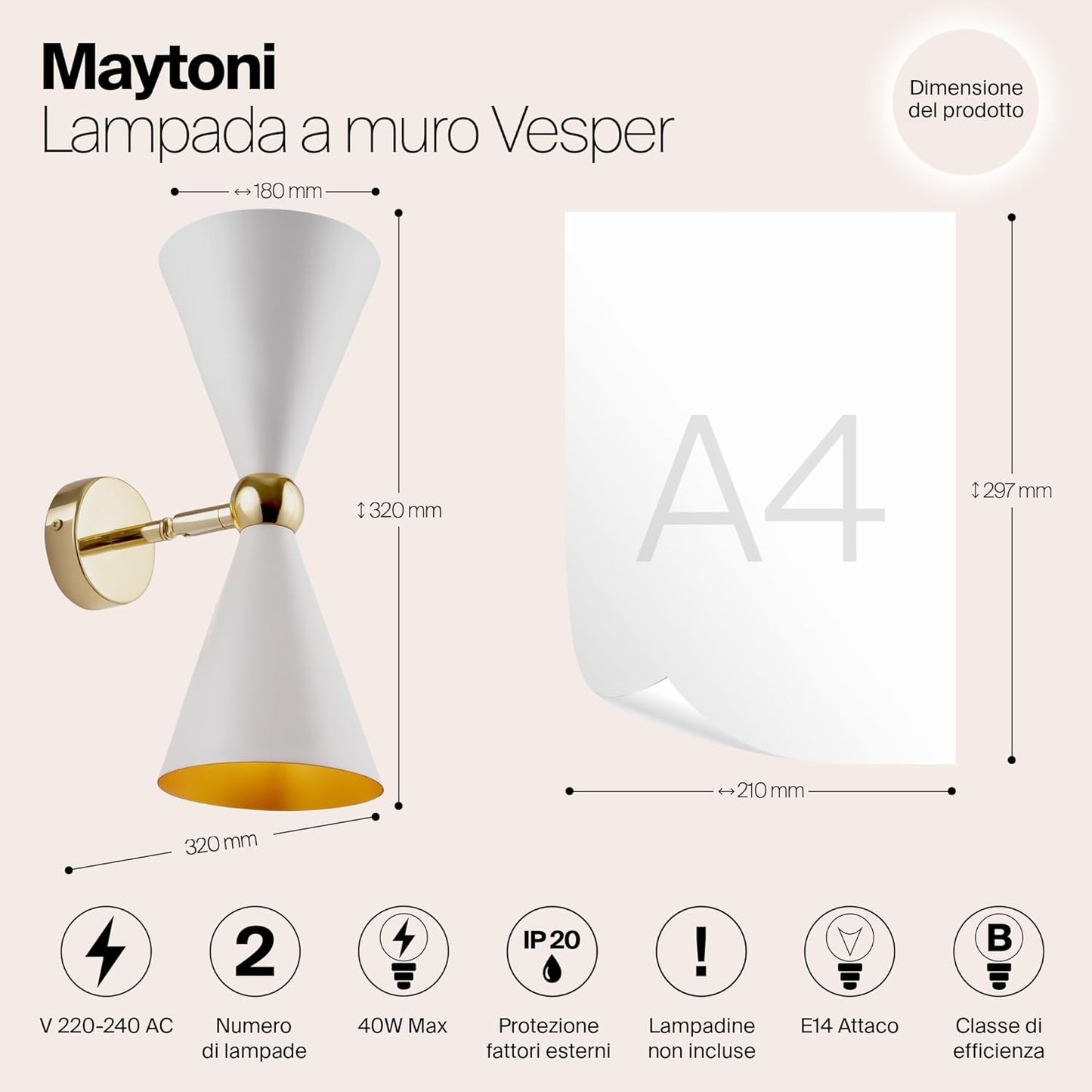 Moderna Applique Lampada Da Parete Bidirezionale a 2 Luci, Bianco E Oro, Paralumi Orientabili, per 2 Lampadine E14 40W Non Incl. per Sala, Camera Da Letto, Soggiorno, Cucina