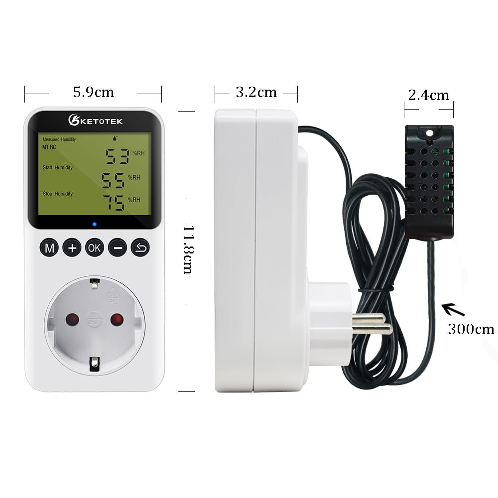 Igrostato a Presa Con Sonda 220V, Regolatore Di Umidità Spina Digitale Con Funzione Coutdown per Grow Box Incubatrice Uumidificatore Deumidificatore