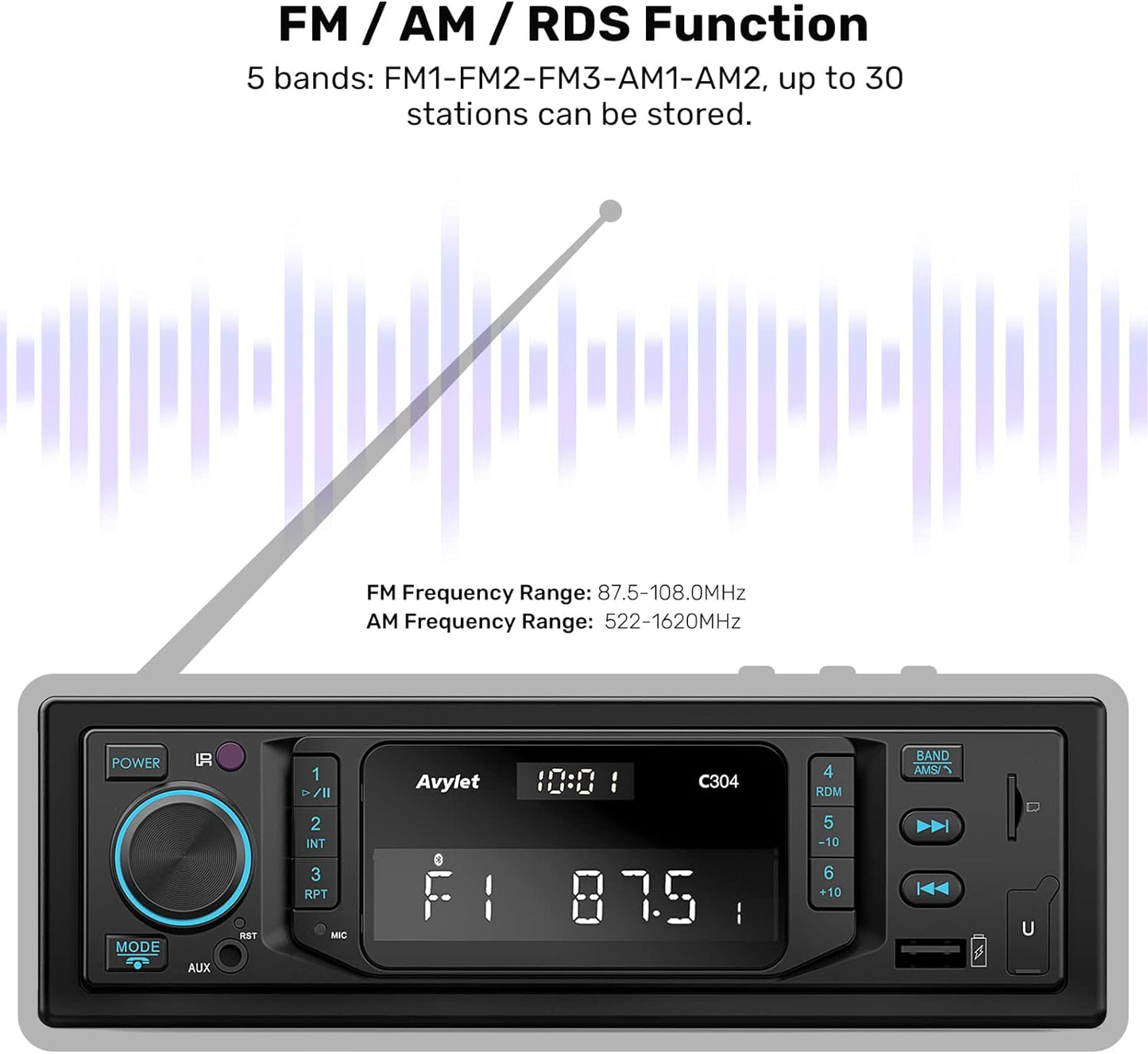 RDS Autoradio Bluetooth Vivavoce, Radio Stereo 1DIN Bluetooth 5.0, 7 Luce Del Pulsante Di Colore, 9-30V, 60WX4 Supporto Fm/Am/Aux/Usb/Sd/Ios/Android/Remote Control, Salva 30 Stazioni