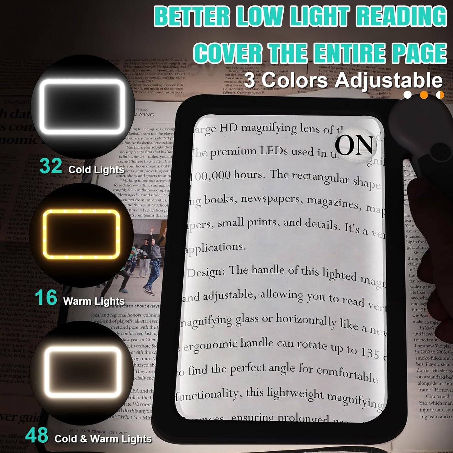 Lente D'Ingrandimento Con Luce, Lente Ingrandimento per La Lettura, Lente Di Ingrandimento Ricaricabile E Pieghevole Con 48 LED, Occhiali D'Ingrandimento per Libro, Ipovedenti E Anziani