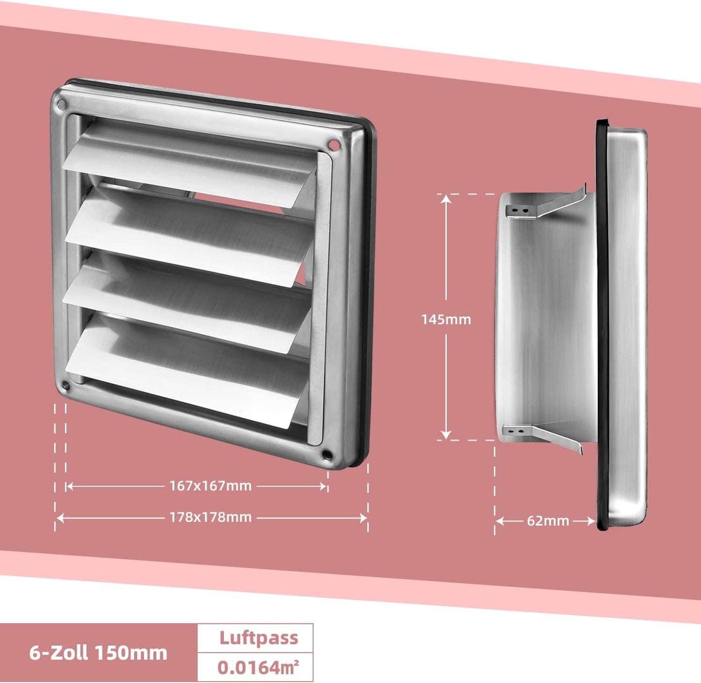 Griglia di protezione dalle intemperie in acciaio inox griglia di ventilazione lamelle mobili 100 mm 125 mm 150 mm