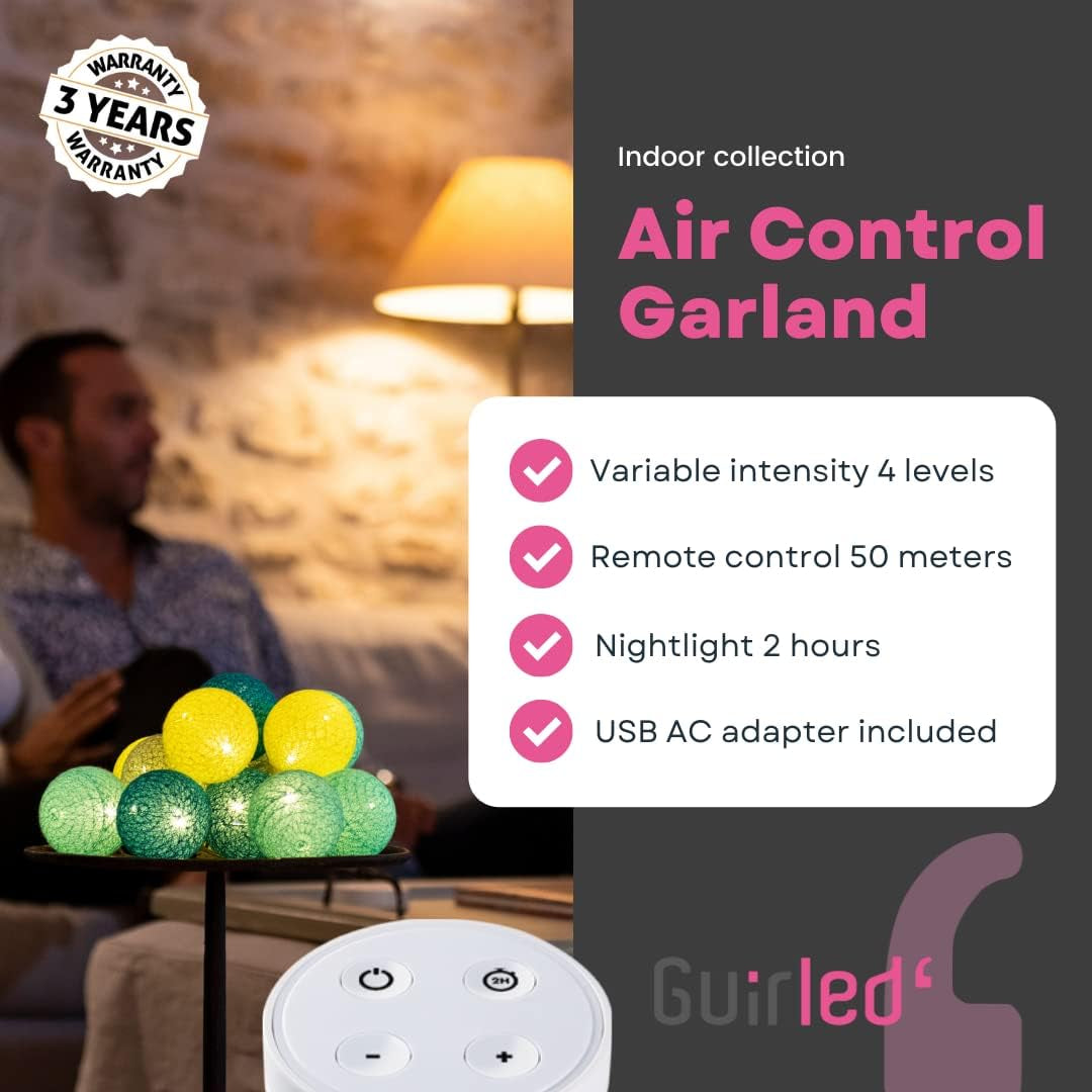 Ghirlanda Luminosa Con Sfere Di Cotone LED USB, Telecomando Senza Fili, Luce Notturna per Bambini, 2 Ore, Adattatore Di Rete 2 A, 4 Intensità – 16 Sfere Da 1,6 M – Radiance