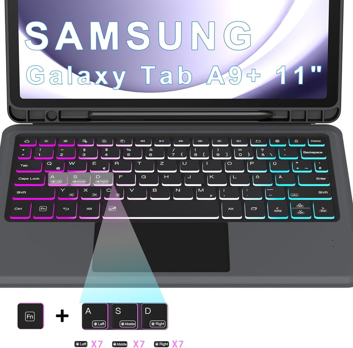Custodia per Galaxy Tab A9+/A9 plus Da 11", Con Tastiera QWERTZ: Illuminazione a 3 Zone, Tastiera Con Trackpad, Tastiera Con Supporto per Samsung Galaxy Tab A9+ 2023 (SM-X210/X215/X216B)