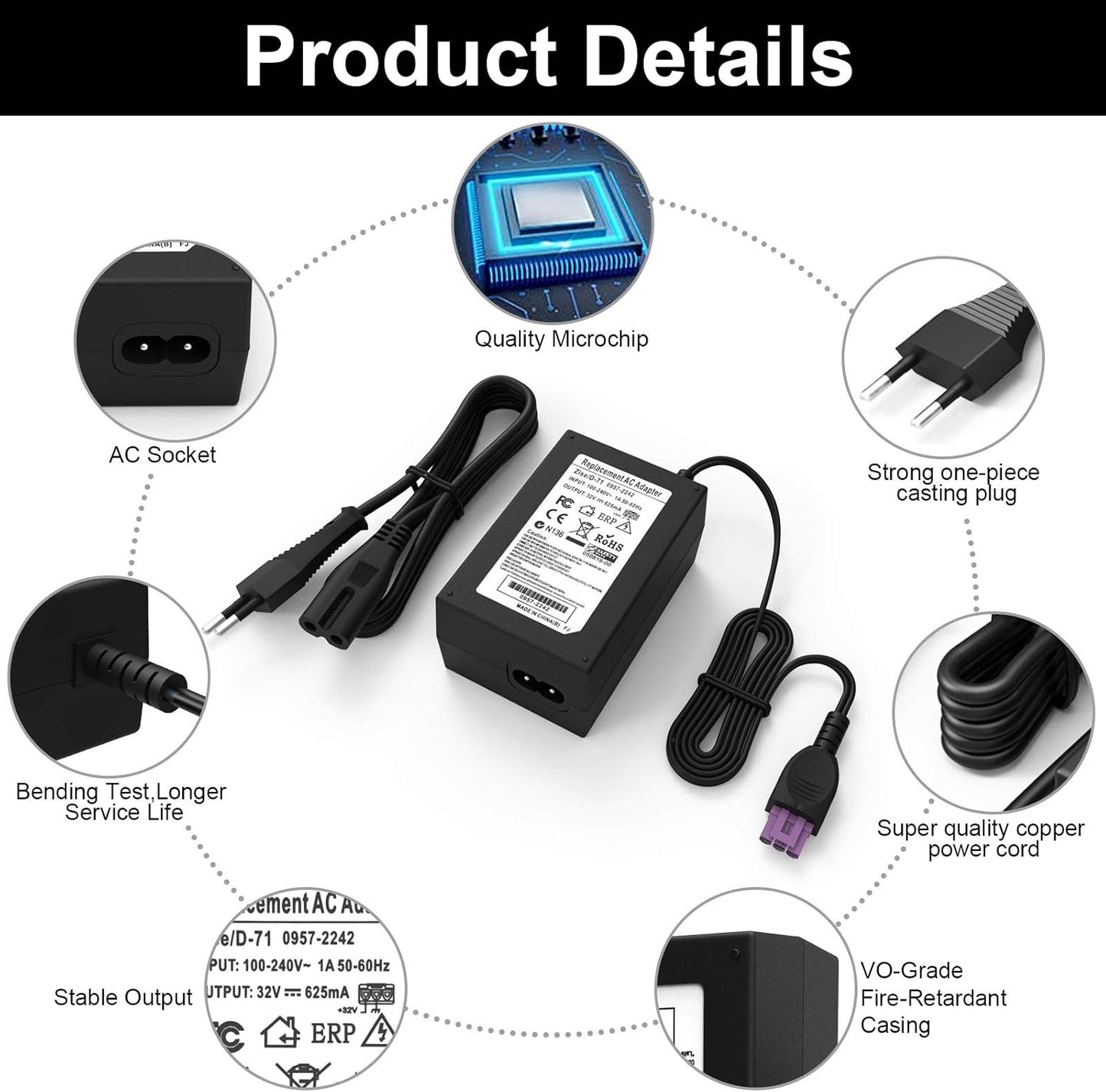 Cavo Di Alimentazione per Stampante 0957-2242 0957-2269 per HP Photosmart B109 B209 C4635 C4685, HP Deskjet F4180 All-In-One Printer Series CB584AR, CB584A