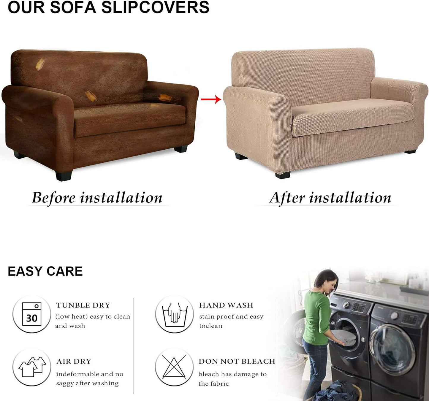Fodera per Poltrona, Copri Poltrona 2 Posti Elasticizzato Jacquard Antiscivolo Copertura Poltrona Fodere Copridivani Contiene 1 Copridivano E 1 Coprisedile Divano (2 Posti, Sabbia)