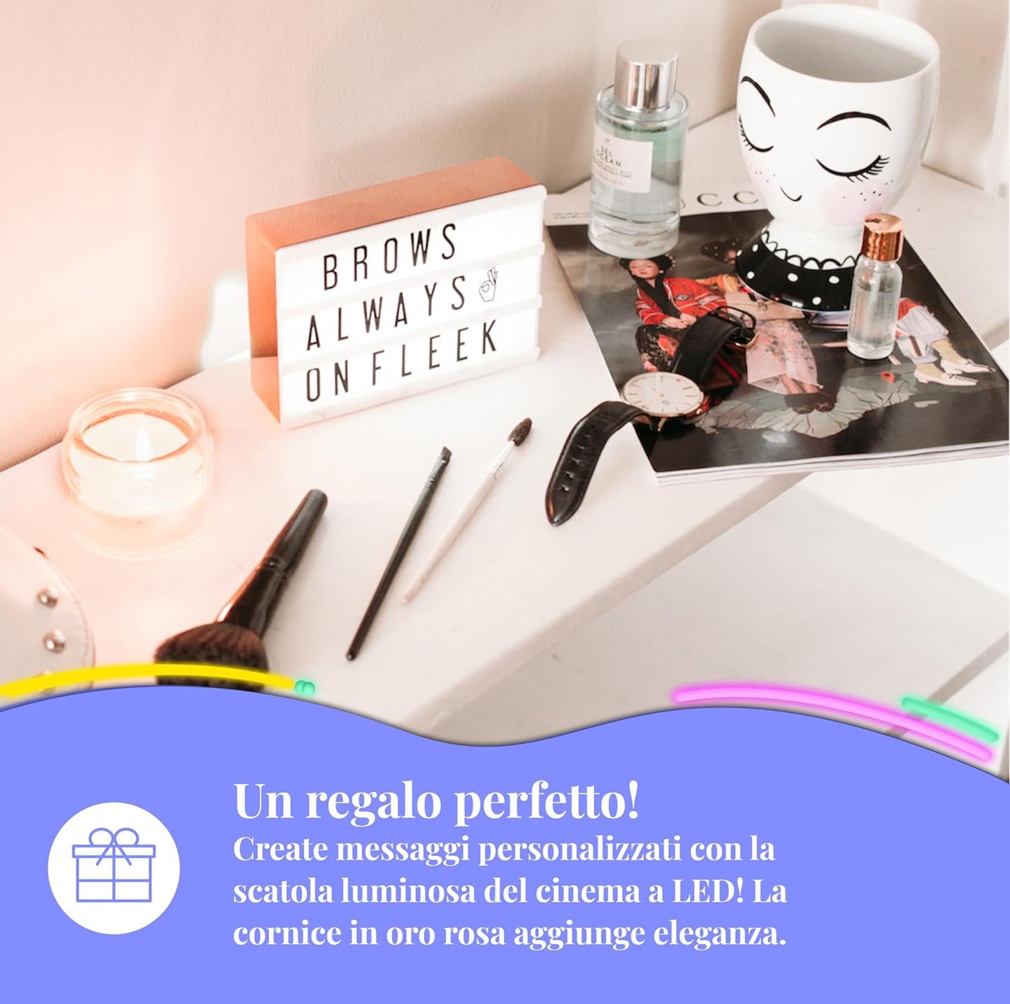 My Cinema Lightbox - Scatola Luminosa in Oro Rosa, 10,2 X 15,2 Cm - Scatola Luminosa Con Micro LED per Bambini Con 100 Lettere, Numeri Ed Emoji - Mini Cartello Fai Da Te, Con Cavo USB Intrecciato In