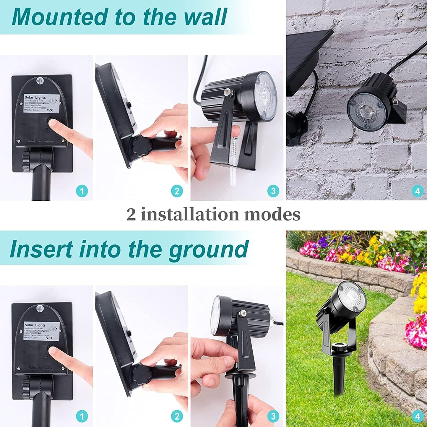 Faretti Solari Da Giardino RGB, Lampada Solare Giardino Colorate IP65 Impermeabili ON/OFF Automatici RGB per Giardino Alberi Cespugli Vialetto Confezione Da 4