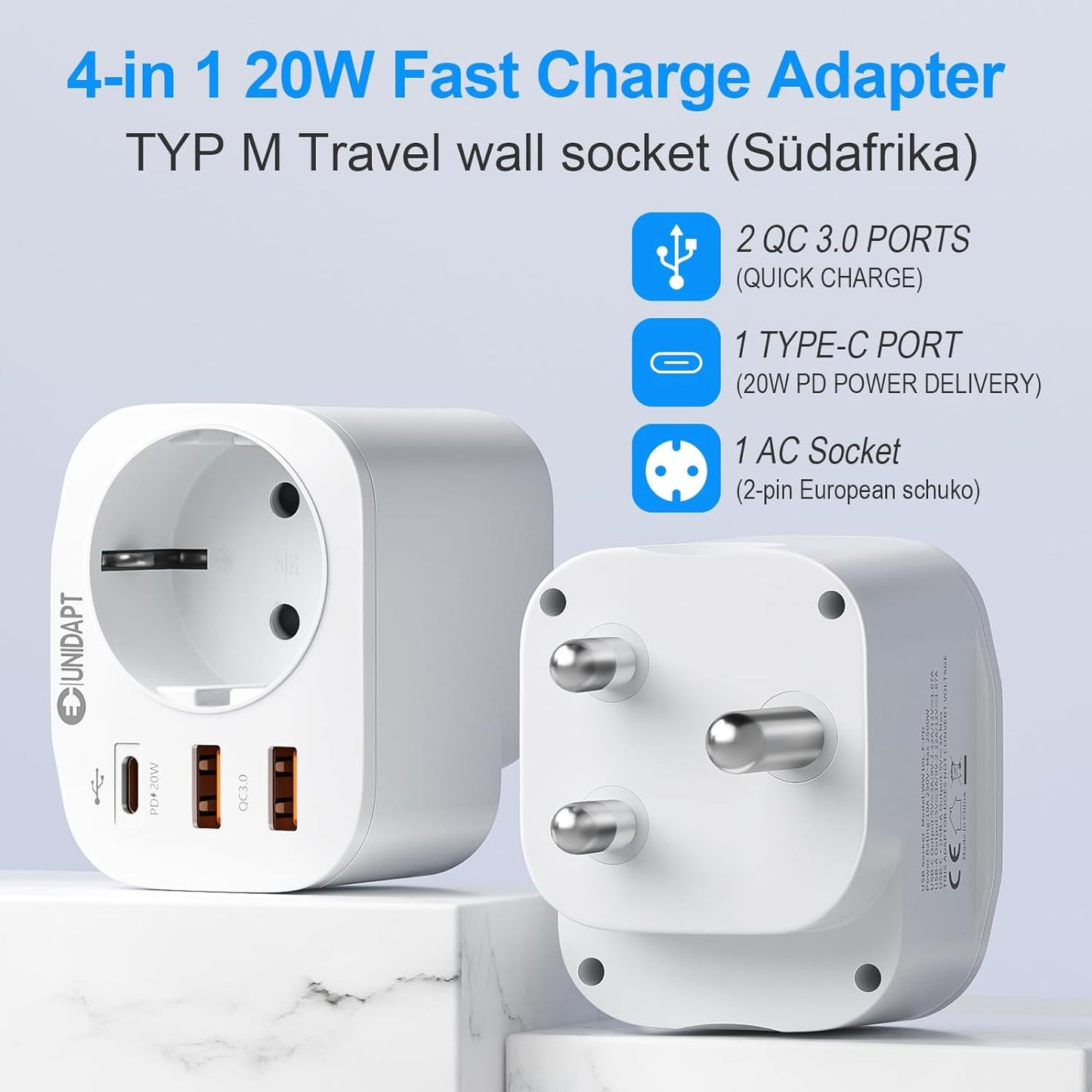Adattatore Da Viaggio Dalla Germania Al Sud Africa, Adattatore Da Viaggio Tipo M Con 3 USB E 1 USB C Da 20 W PD, Adattatore per Presa Sudafrica, Namibia, Lesotho, Mozambico