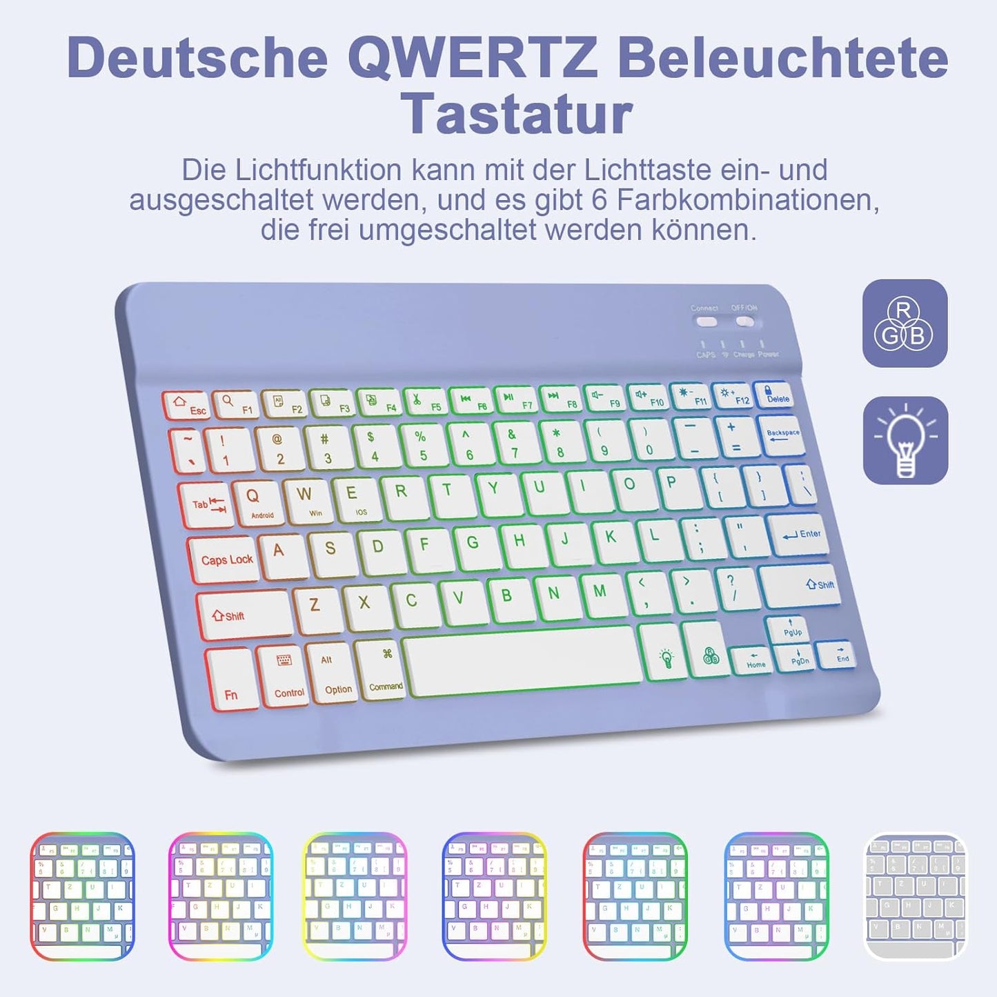Tastiera Retroilluminata per Samsung Galaxy Tab S9 2023, QWERTZ Tastiera Retroilluminata Rimovibile Con Custodia per Galaxy Tab S9 11 Pollici 2023 (SM-X710/SM-X716B/SM-X718U), Viola