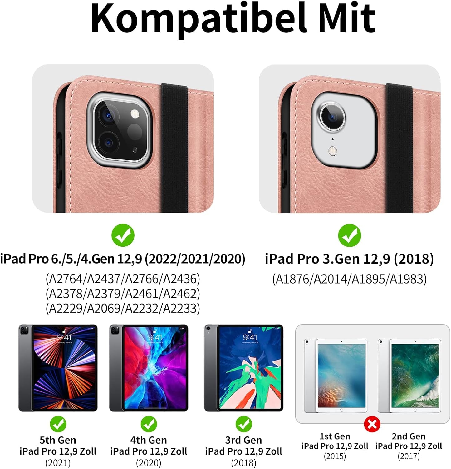 HOLIMET Custodia per Ipad Pro 12.9 Pollici 2021/2020/2018 (5°/4°/3° Generazione) Con Portapenne, in Pelle PU, Antiurto, Con Custodia E Funzione Auto Wake/Sleep, Supporto Multi-Angolo (Rosa)