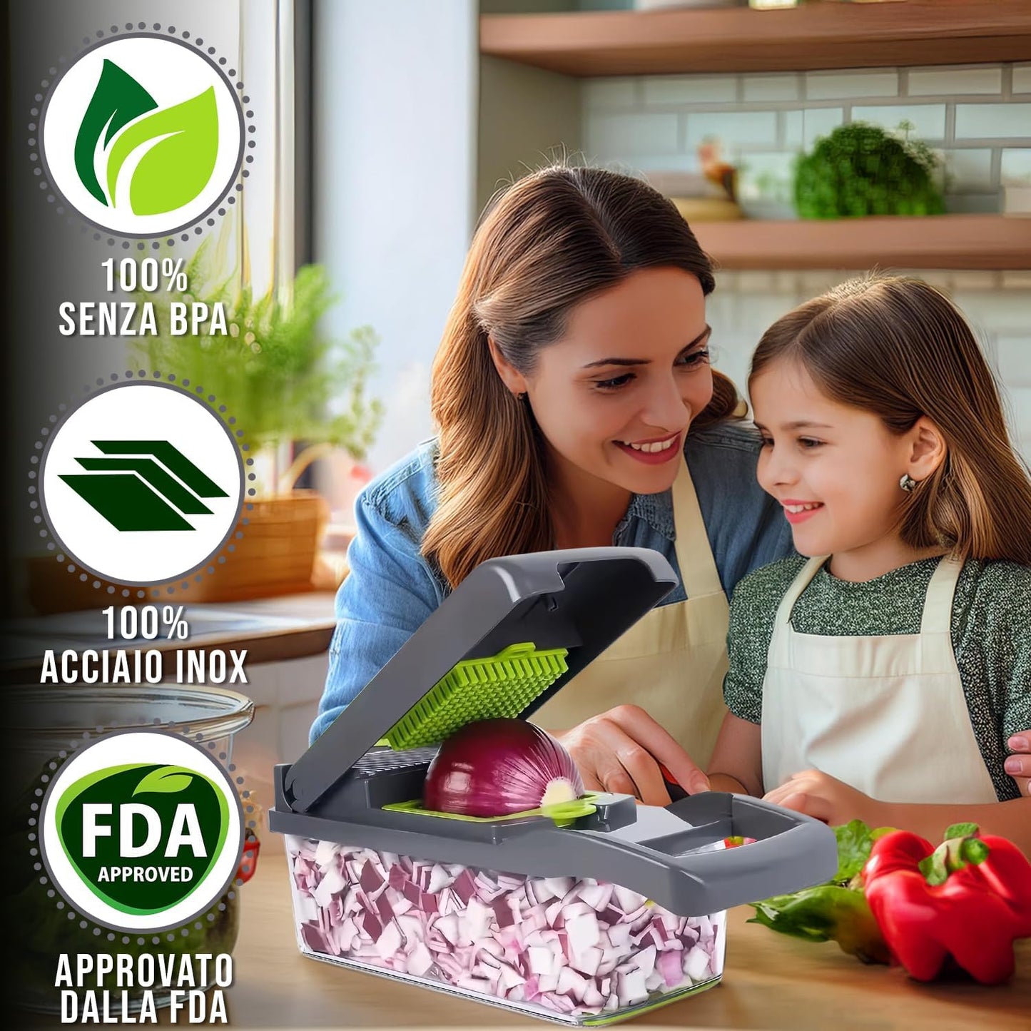 Mandolina 16 in 1 - Tagliaverdure Multiuso Con Lame Intercambiabili, Grattugia, Affettatrice, Tritatutto E Accessori Di Sicurezza, Ideale per Frutta, Verdura, Insalate E Altro