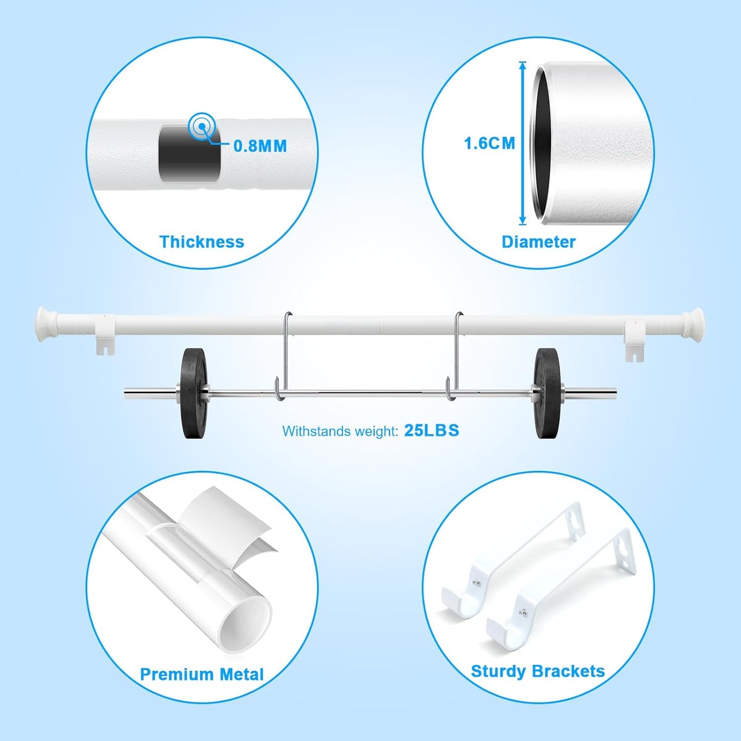 Bastoni per Tende - Bastoni per Tende Da Esterno Resistenti Da 76 a 157 Cm - Bastoni per Tende Bianchi Opachi Regolabili Da 1,6 Cm per Patio, Porta Scorrevole in Vetro, Soggiorno, 2 Pezzi
