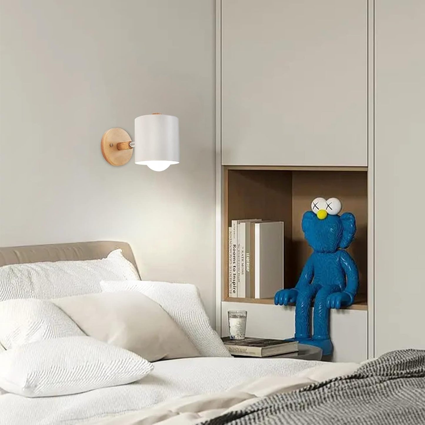 2 Pezzi Applique Da Parete Interni E27 Lampada Da Parete Legno Regolabile Lampada Da Parete Con Paralume in Metallo Faretto Luce per Comodino Ufficio Soggiorno Lettura, Bianco