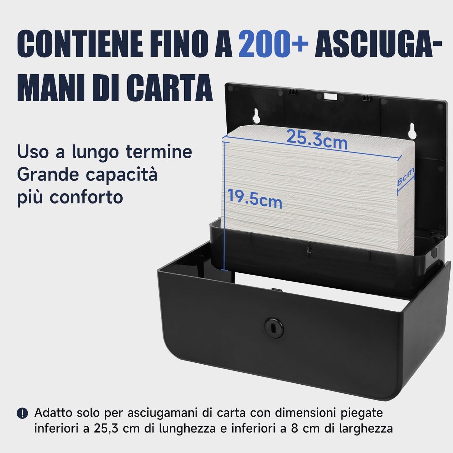 Dispenser Carta Asciugamani Da Parete, Dispenser Di Asciugamani Con Piega a V Compatibile Con Piega a C, Adatto per Carta Piegata Dimensioni 25,3X8 (Cm), Può Contenere 200 Asciugamani Di Carta