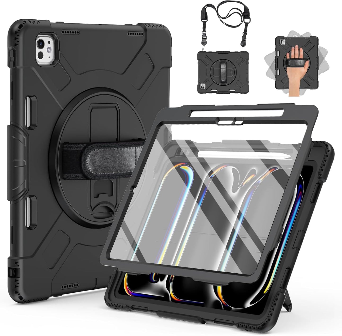 Custodia per Ipad Pro 11 2024 5A Generazione Custodia per Ipad Pro 11 Pollici (M4) 2024 Con Portapenne, Supporto Girevole/Cinturino Da Polso, Spallacci, Nero