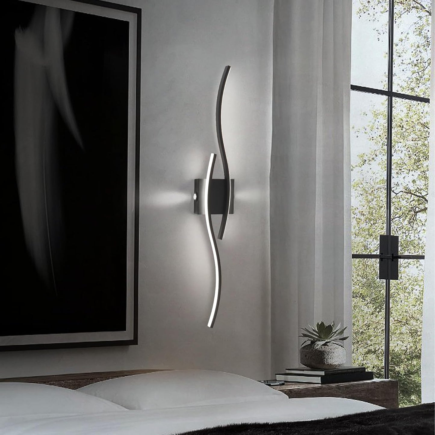 Lampada da Parete a LED per Interni, Lampade da Parete Moderne Nere LED con Sorgente Luminosa Ausiliaria su Entrambi i Lati, Lampada da Parete Curva Creativa per Scale Corridoi Soggiorno - Luce Bianca Fredda 28W 80Cm.