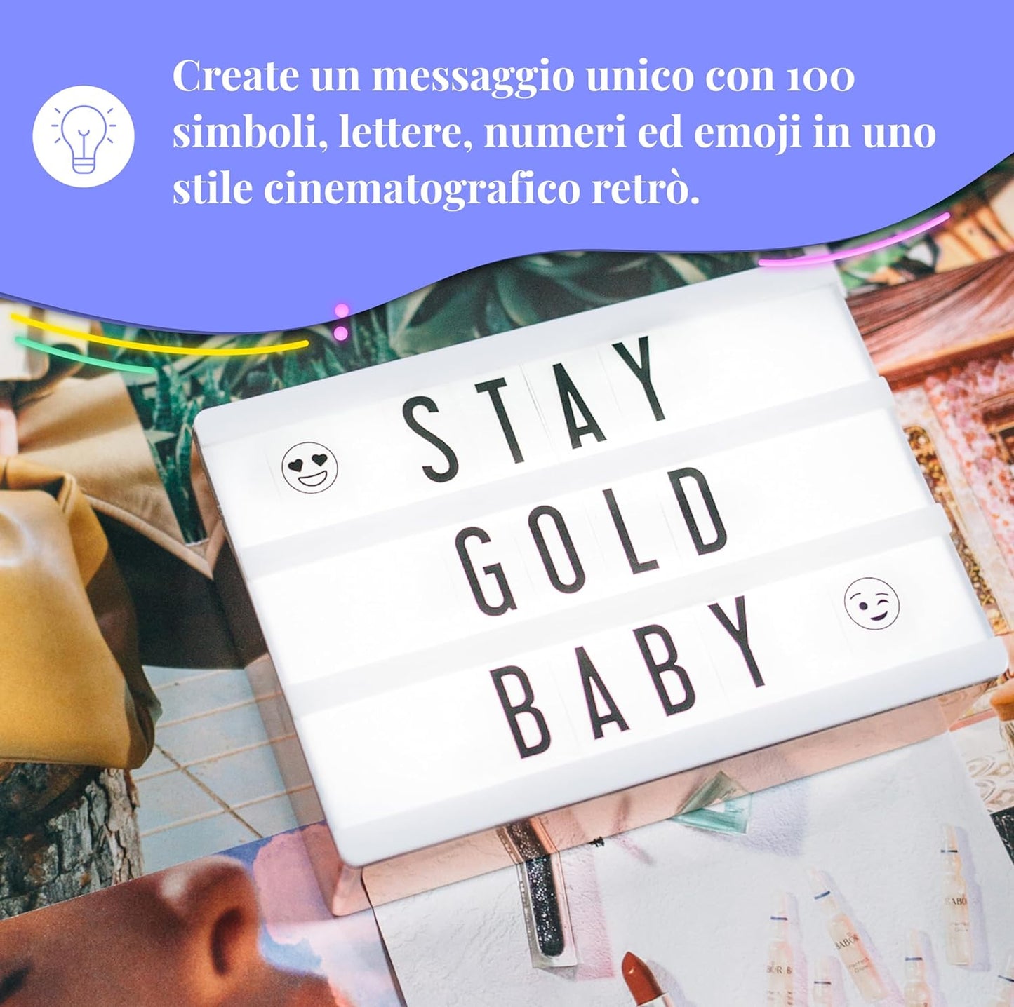 My Cinema Lightbox - Scatola Luminosa in Oro Rosa, 10,2 X 15,2 Cm - Scatola Luminosa Con Micro LED per Bambini Con 100 Lettere, Numeri Ed Emoji - Mini Cartello Fai Da Te, Con Cavo USB Intrecciato In