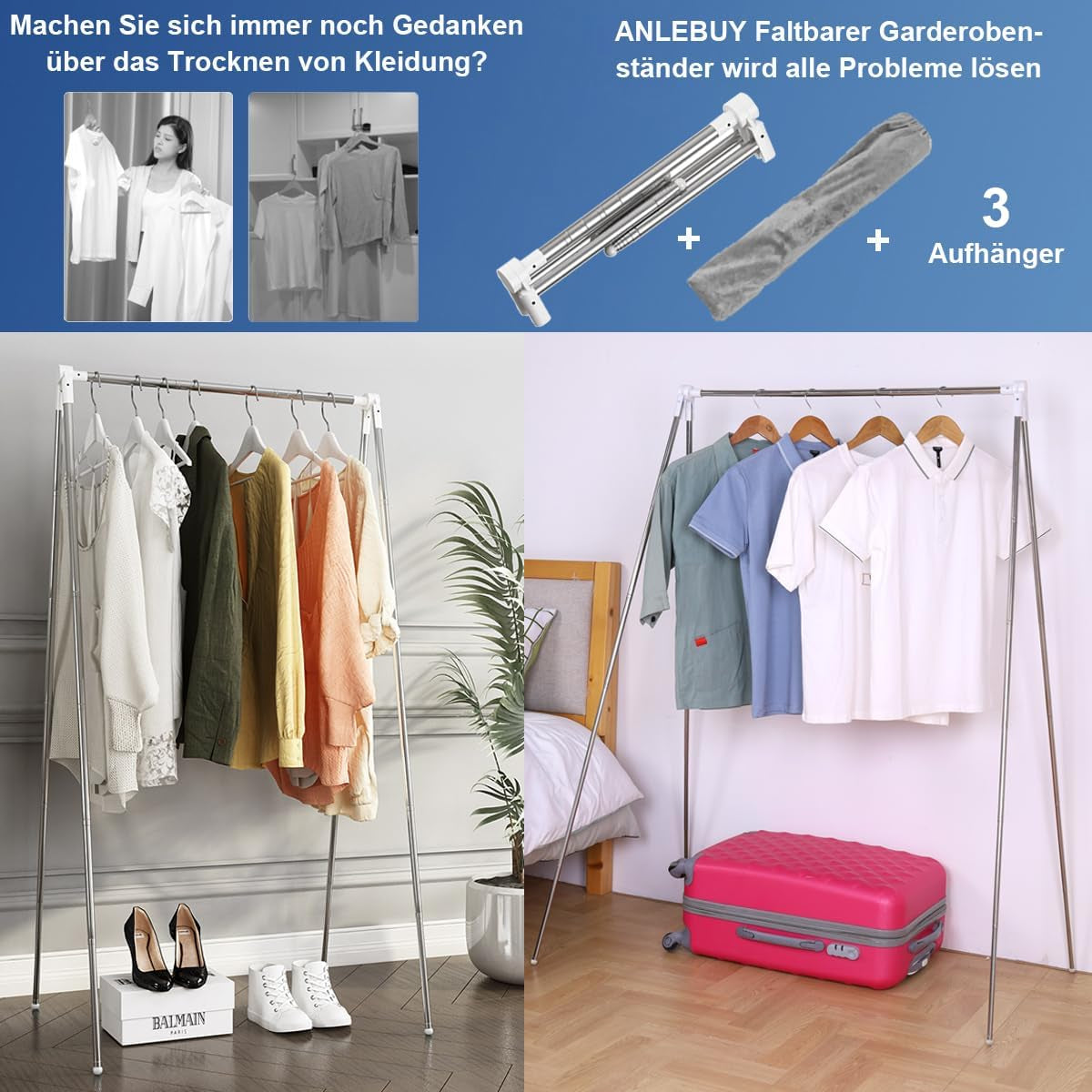 Appendiabiti Portatile, Pieghevole, Con Asta Appendiabiti Allungabile, Pieghevole, Leggero, per Danza, Viaggi, Campeggio, Biancheria, Piccolo + 3 Grucce Salvaspazio