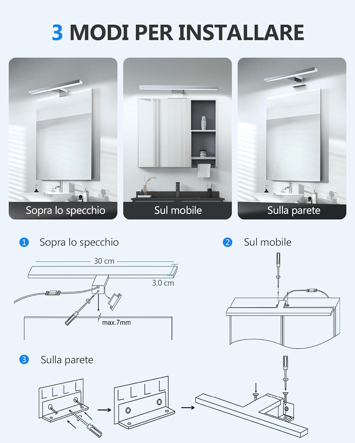 LED Lampada Da Specchio Bagno 30Cm 5W Bianco Freddo 6000K, Lampada Da Bagno Impermeabile IP44,CRI>80 Adatto a Trucco, Luce Specchio Bagno Cablato E Wireless,Lampada per Bagno, Armadio, Parete