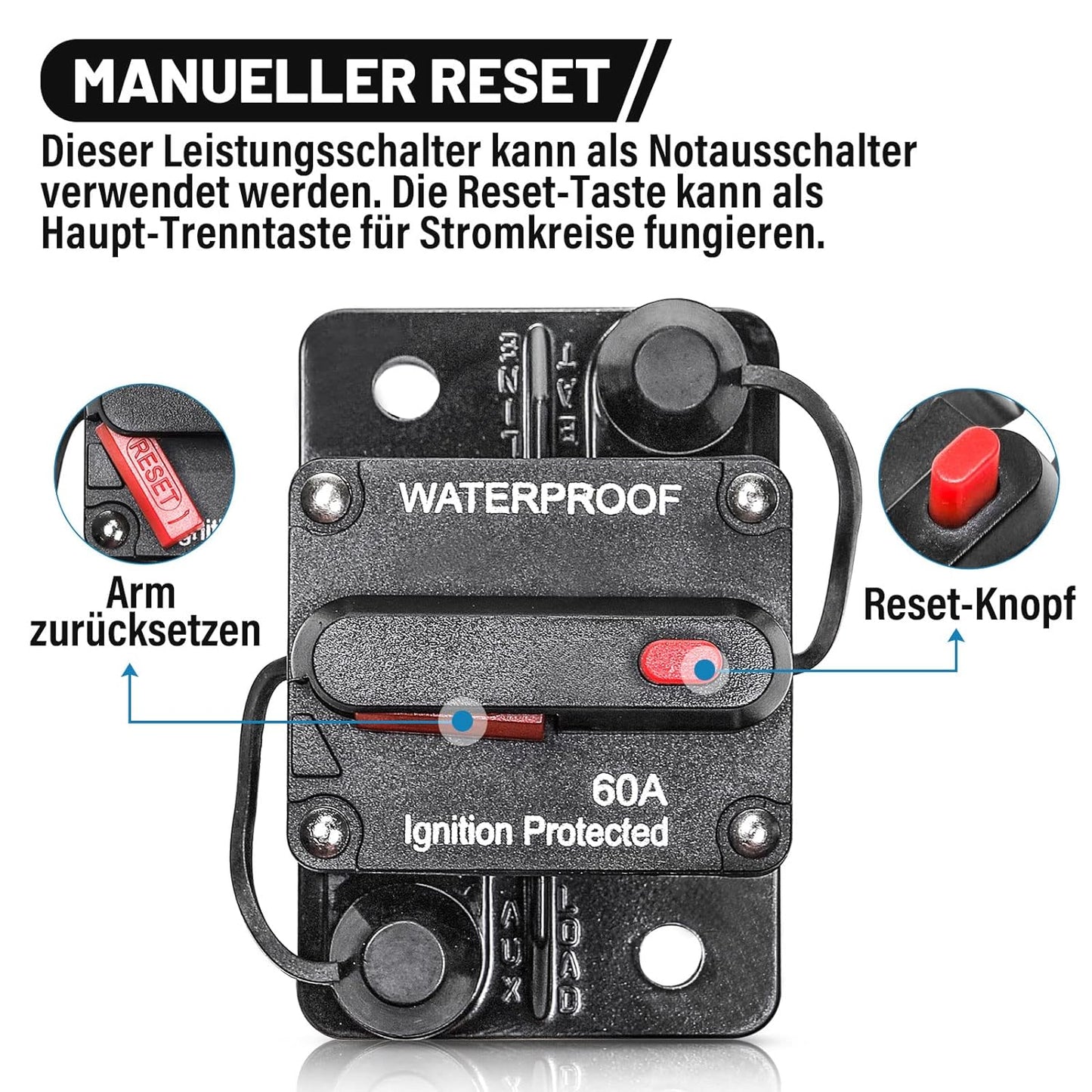 Interruttore Automatico Da 60 Amp Con Anse in Rame, Impermeabile, Invertitore Con Ripristino Manuale, Impermeabile, per Auto, Camion, Autobus, Camper, Barca, Veicolo Marino, 12 V-48 V CC