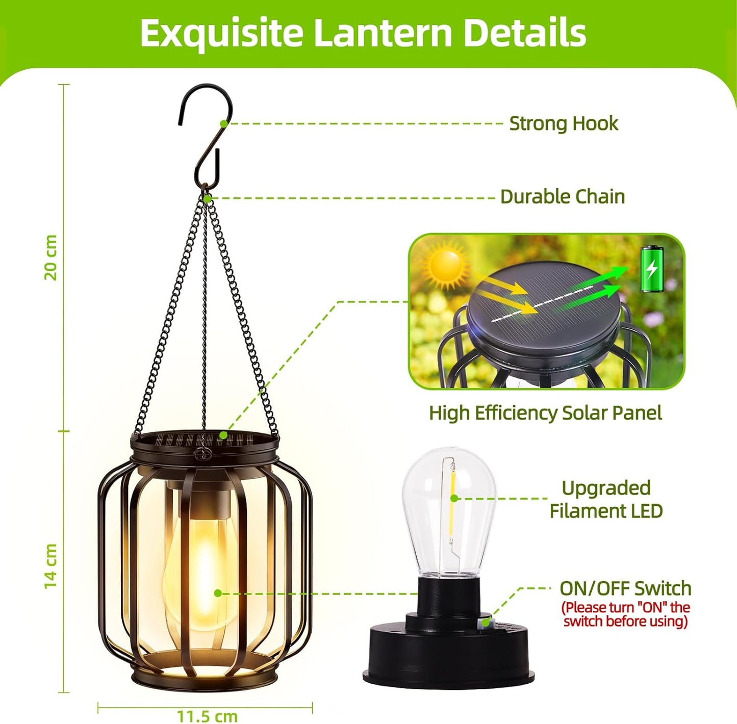 Lanterne Solari Da Esterno, 2 Pezzi Metallo Lampada Solare Da Giardino Con Lampadina LED, IP65 Impermeabile Metallo Lampade Solari per Esterni per Terrazza Prato Balcone Decorazione