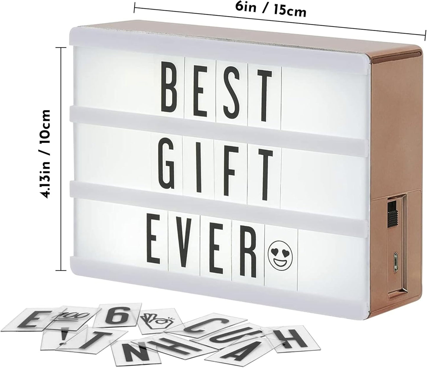 My Cinema Lightbox - Scatola Luminosa in Oro Rosa, 10,2 X 15,2 Cm - Scatola Luminosa Con Micro LED per Bambini Con 100 Lettere, Numeri Ed Emoji - Mini Cartello Fai Da Te, Con Cavo USB Intrecciato In