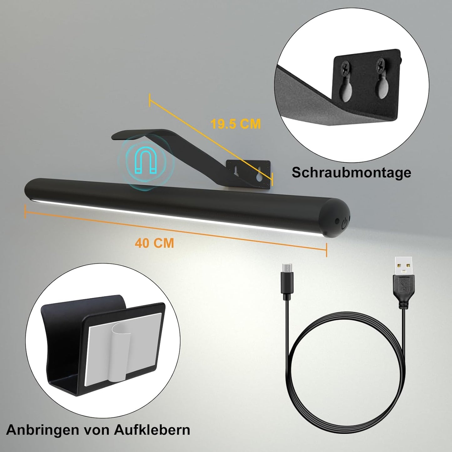 Lampada per Quadri Wireless Ricaricabile, 2 in 1 Luce per Pittura Con Telecomando, 300LM Batteria Luci Da Esposizione Dimmer, 3 Modalità Luce Da Parete Magnetica per Opere Darte (Black-40Cm)