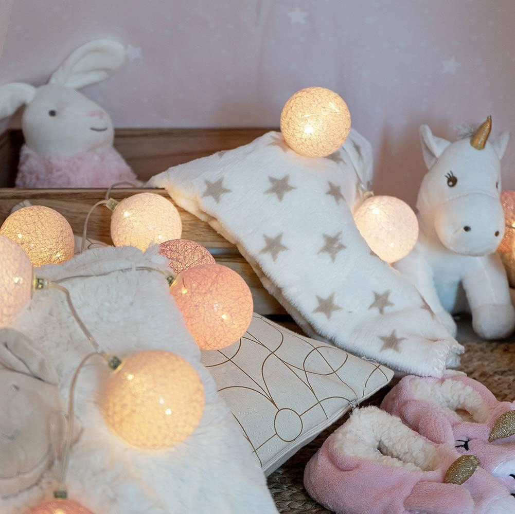 Ghirlanda Luminoso a LED per Batuffoli Di Cotone USB - Telecomando Wireless - Luce Notturna per Bambini 2H - Adattatore Doppio USB 2A Incluso - 4 Intensità - 32 Sfere 4,8 M - Principessa