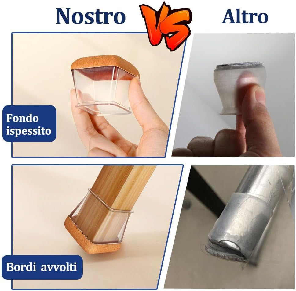 32 Pezzi Feltrini per Sedie Quadrati, Gommini per Sedie Con Feltrini Aggiornato Ispessito, Trasparente Tappi Silicone, Protezioni per Gambe Di Sedie Mobili per Pavimenti in Legno(Fit: 43-50Mm)