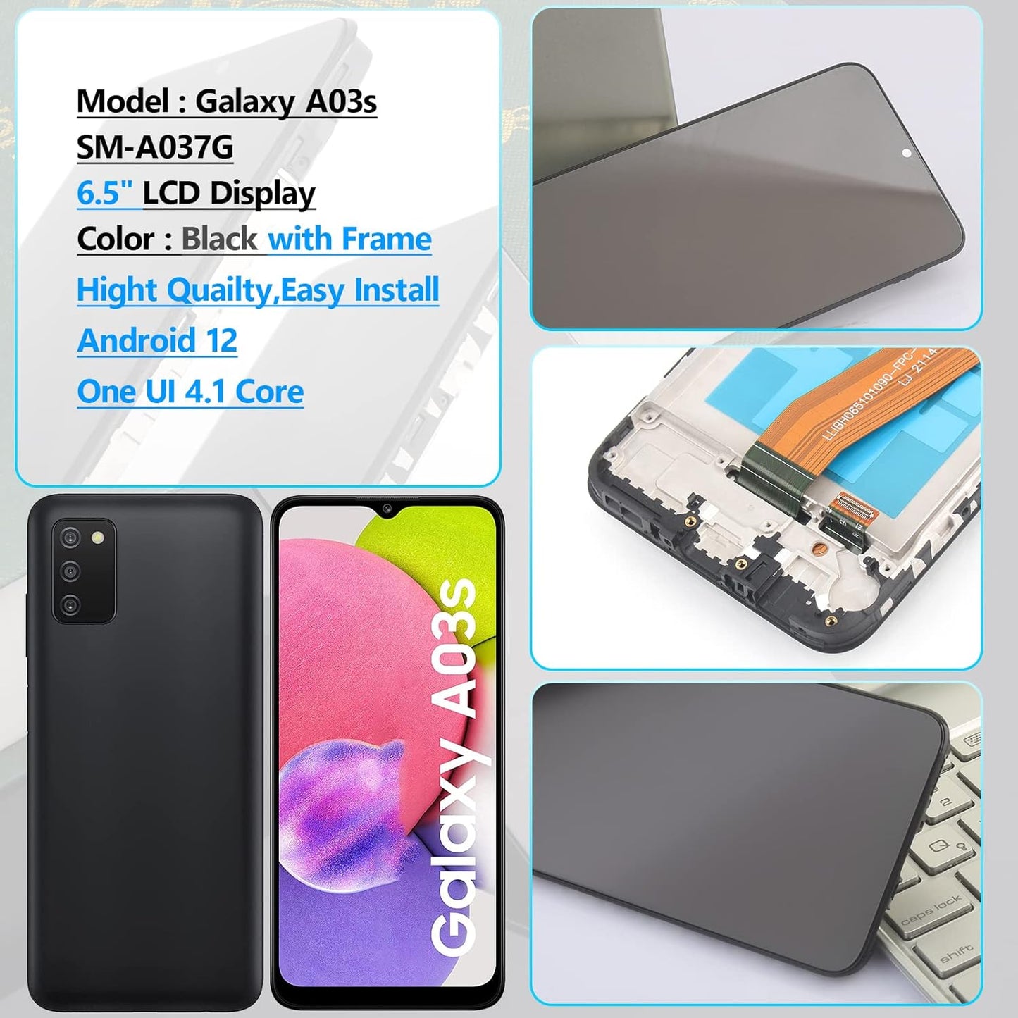 Nero+Telaio Schermo per Samsung Galaxy A03S SM-A037G LCD Display Touch Screen Digitizer Ricambio Assembly Con Utensili Inclusi E per Galaxy A03S SM-A037G Vetro Temperato