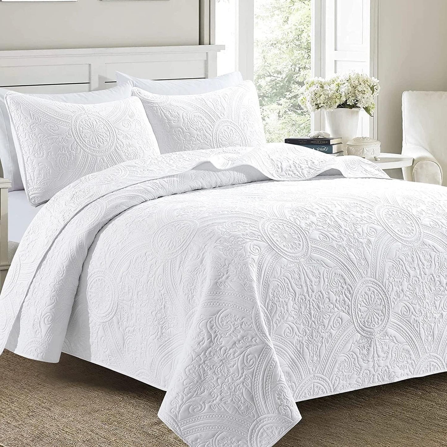 Copriletto Trapuntato Bianco per Letto Da 90 Floreale, Realizzato in Microfibra, Con Imbottitura Sottile Con Federa (Fiore Bianco H2023, Letto Da 90)