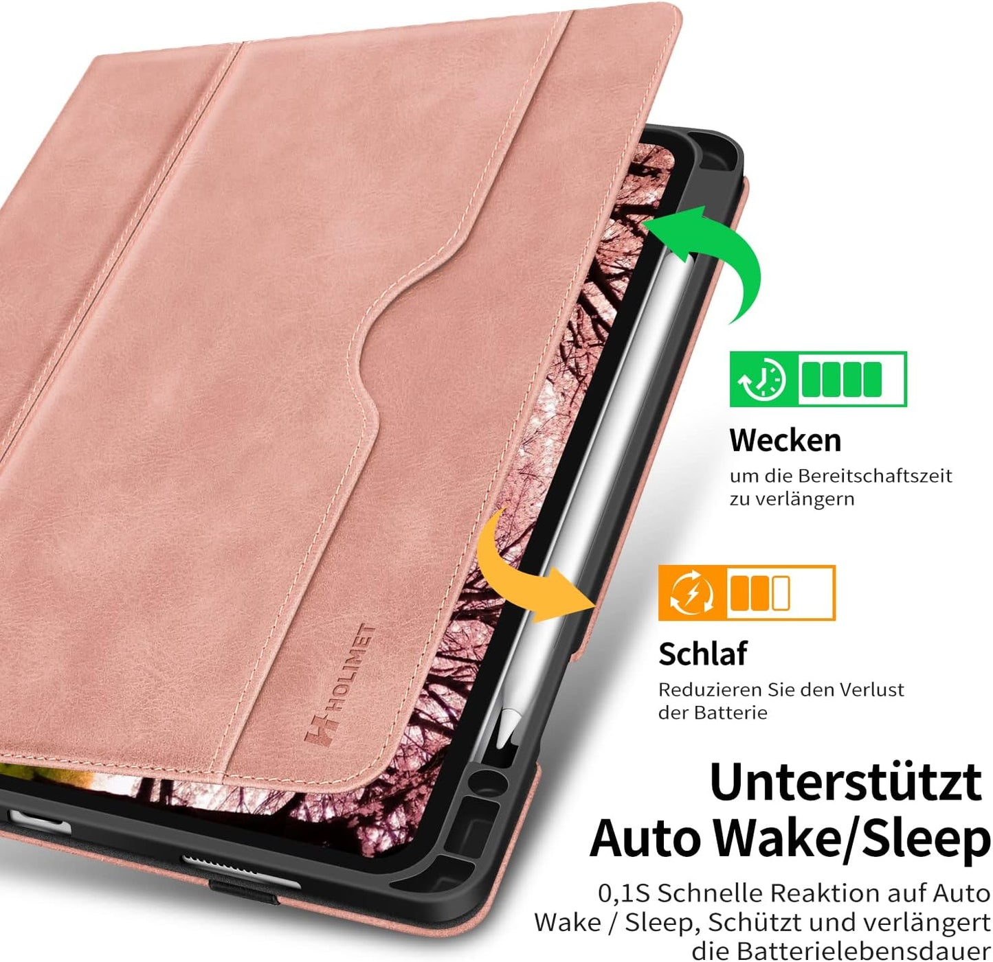 HOLIMET Custodia per Ipad Pro 12.9 Pollici 2021/2020/2018 (5°/4°/3° Generazione) Con Portapenne, in Pelle PU, Antiurto, Con Custodia E Funzione Auto Wake/Sleep, Supporto Multi-Angolo (Rosa)