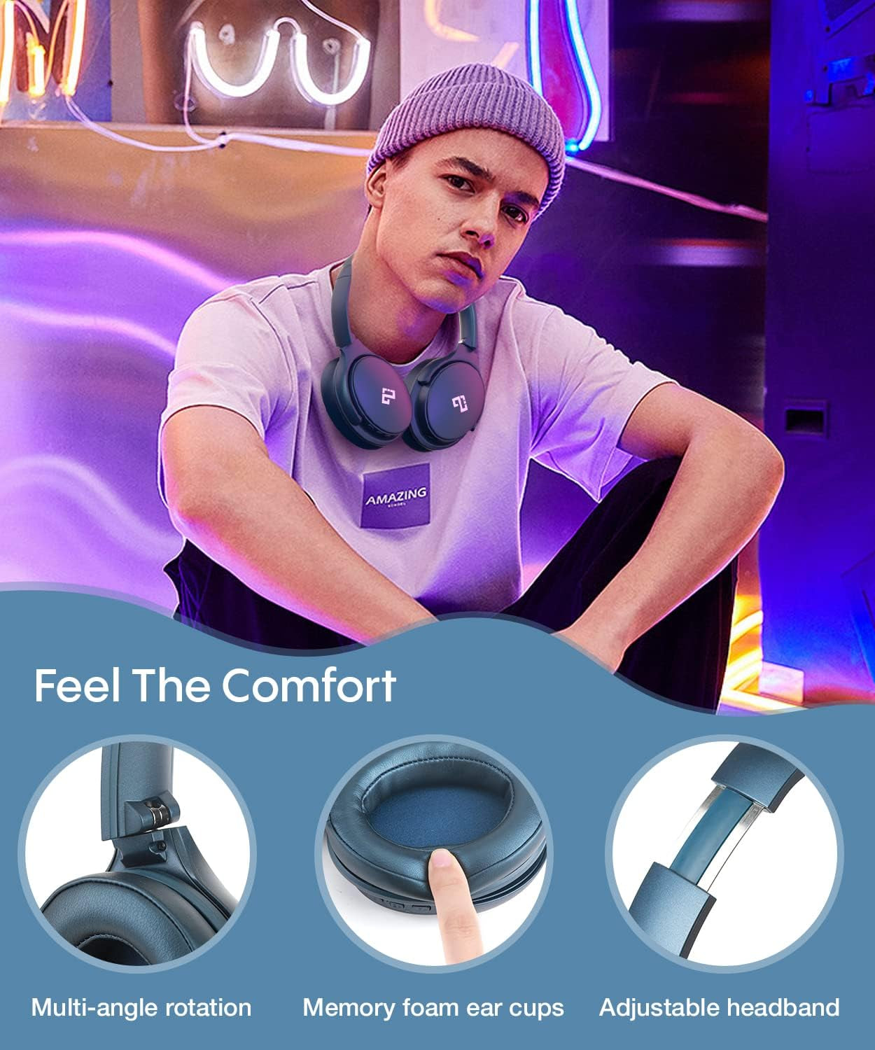 INFURTURE Cuffie con cancellazione del rumore Bluetooth 5.0, Cuffie over-ear wireless, Bassi profondi stereo Hi-Fi, Cancellazione del rumore, Ricarica rapida 40 ore di riproduzione per TV, viaggi, ufficio a casa