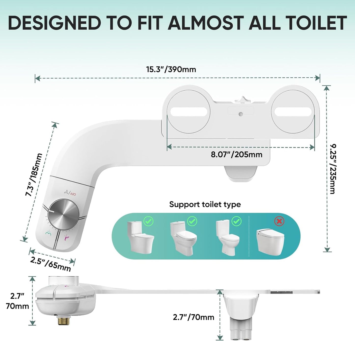 Inserto per Bidet Non Elettrico, Con Doppio Ugello Autopulente Retrattile, Pulizia Anteriore E Posteriore, Interruttore a Pressione Regolabile per Acqua Fredda