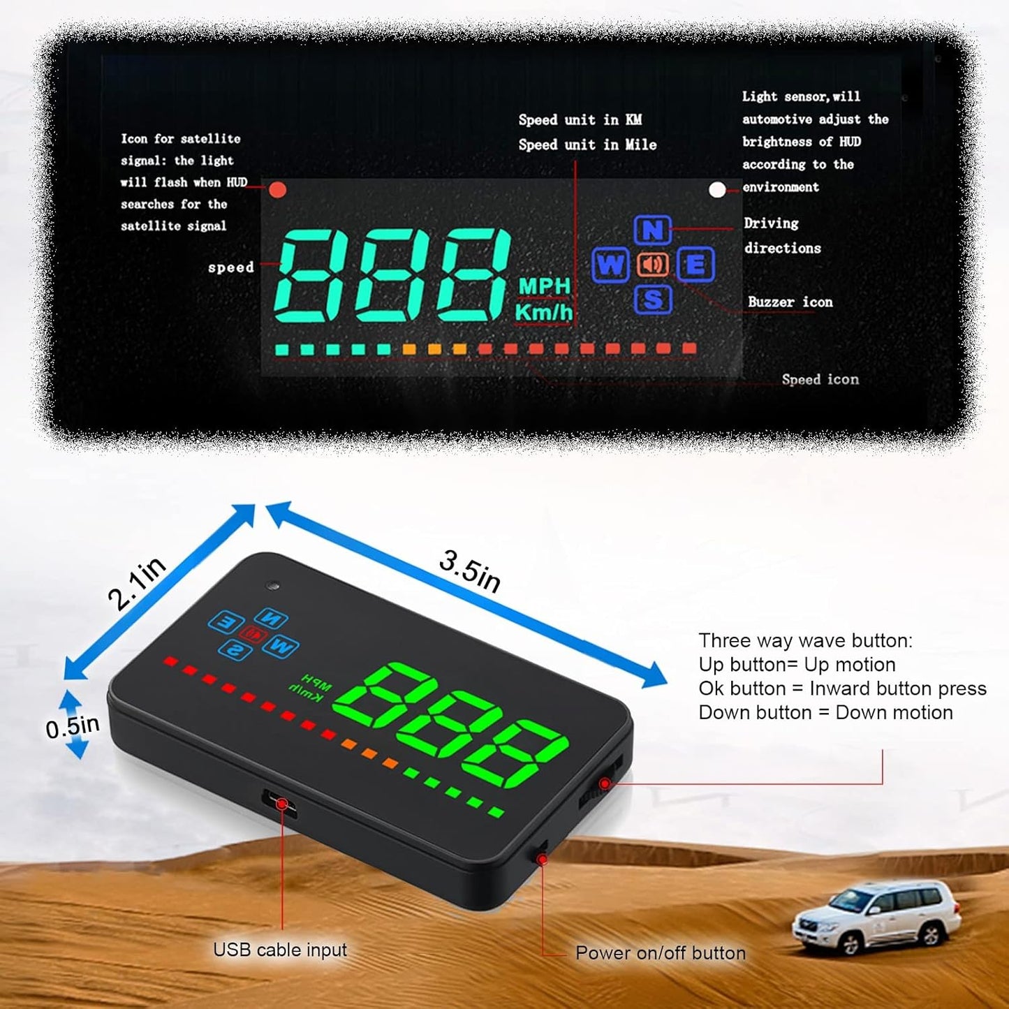 Head up Display Car, HUD GPS Car HUD Display per Tutte Le Auto E Camion, Proiettore LED Parabrezza, Pellicola Riflettente HUD Sistema Di Posizionamento Geografico Tachimetro, Plug & Play