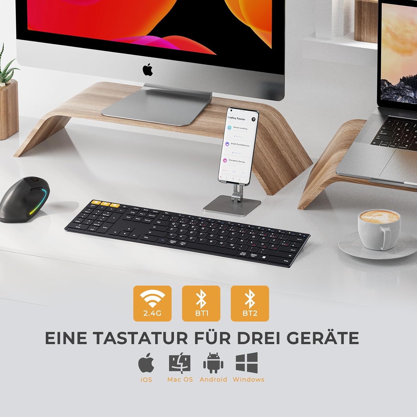 XK21 2.4G Tastiera Senza Fili per Mancini, Tastiera Bluetooth Senza Fili per Mancini, Tastiera Piatta Tedesca QWERTZ Layout Sinistro Numpad Con Tre Dispositivi Multipli, Mac/Windows/Android