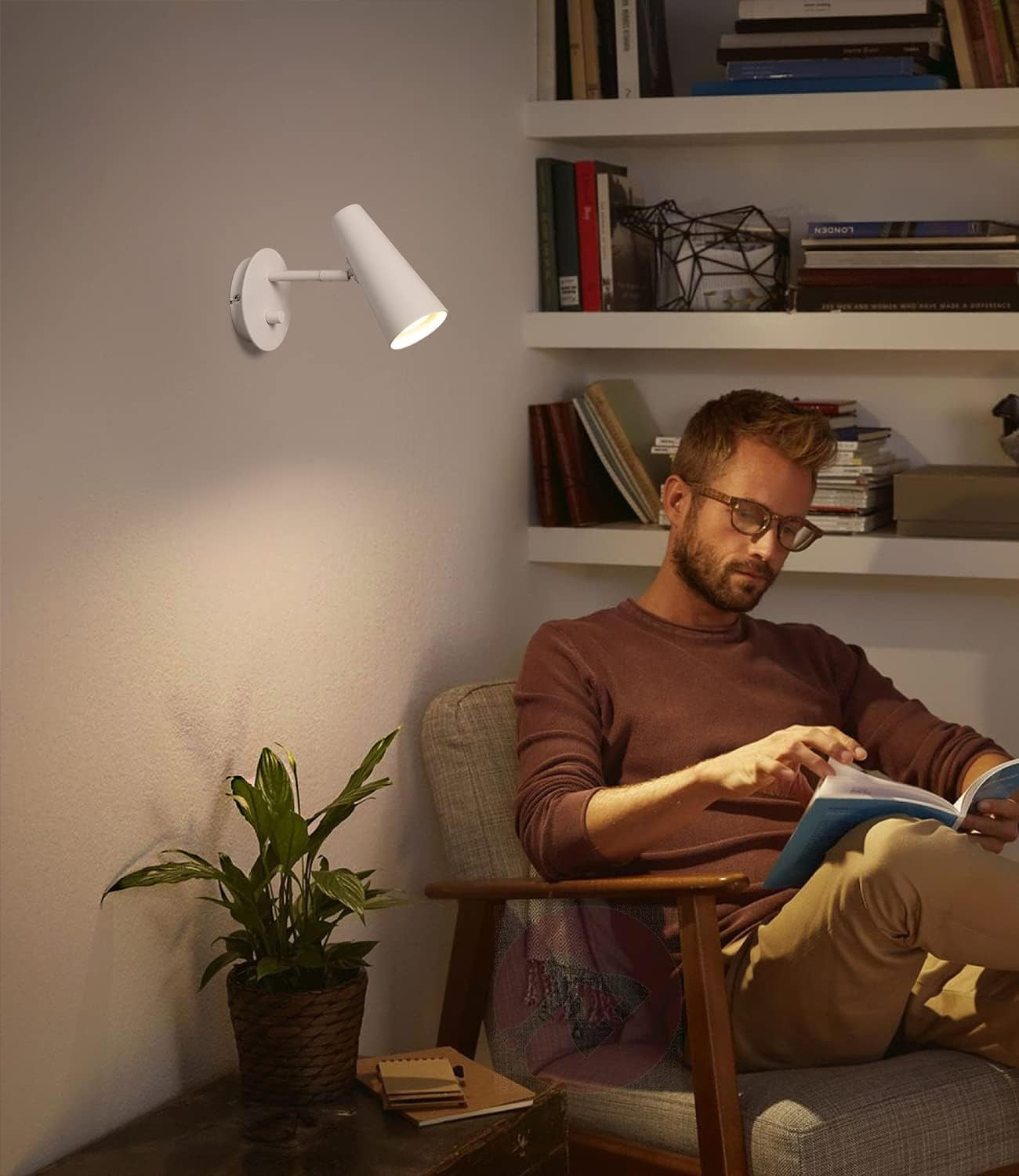Lampada Da Parete GU10 5W 3000K Bianco Caldo Illuminazione Da Parete Interni Con Interruttore Dimmer Faretto Muro Luce Orientabile per Camera Da Letto Lettura Cucina, Alluminio, Bianco