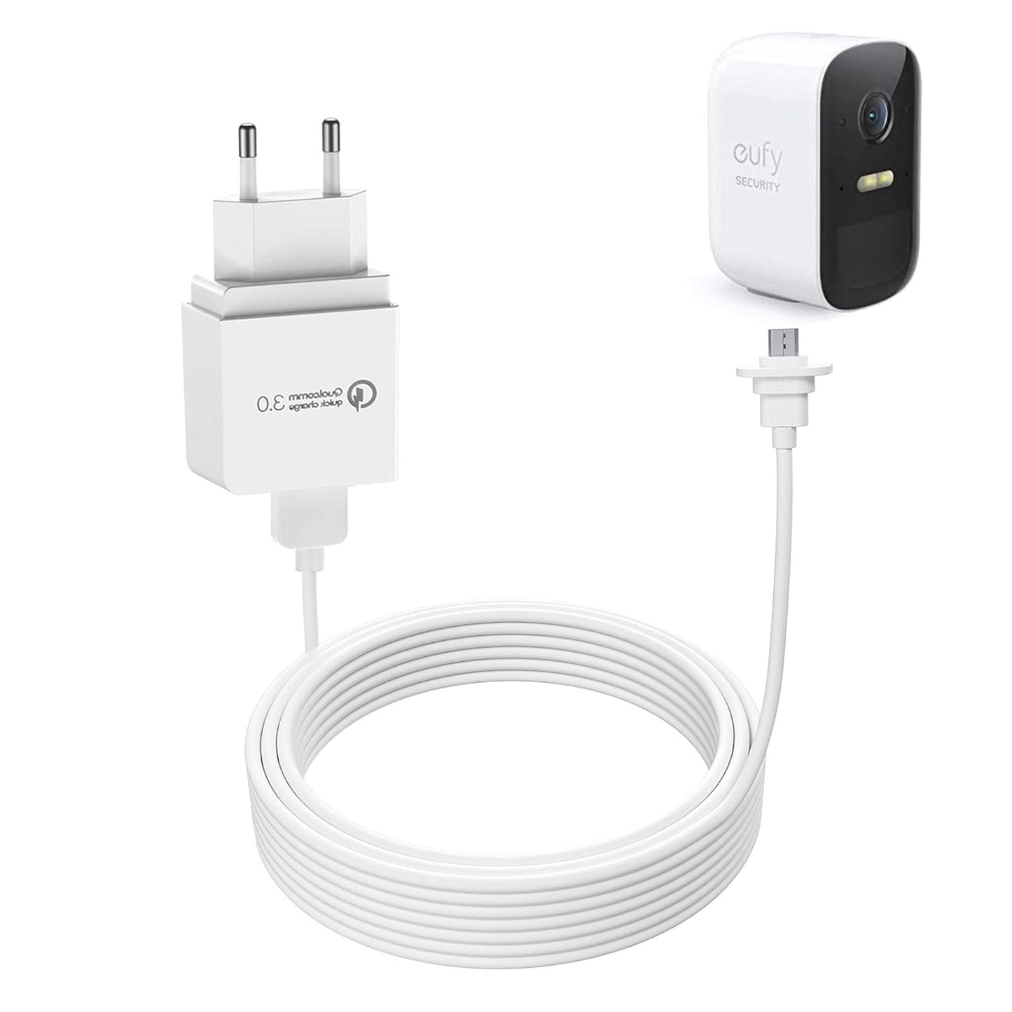 Eufy 2C/2C Pro - Cavo Di Ricarica per Fotocamera Eufy 2C/2C Pro Quick Charge 3.0 Con Cavo Da 9 M, Resistente Alle Intemperie, 2 Pezzi, Colore: Bianco