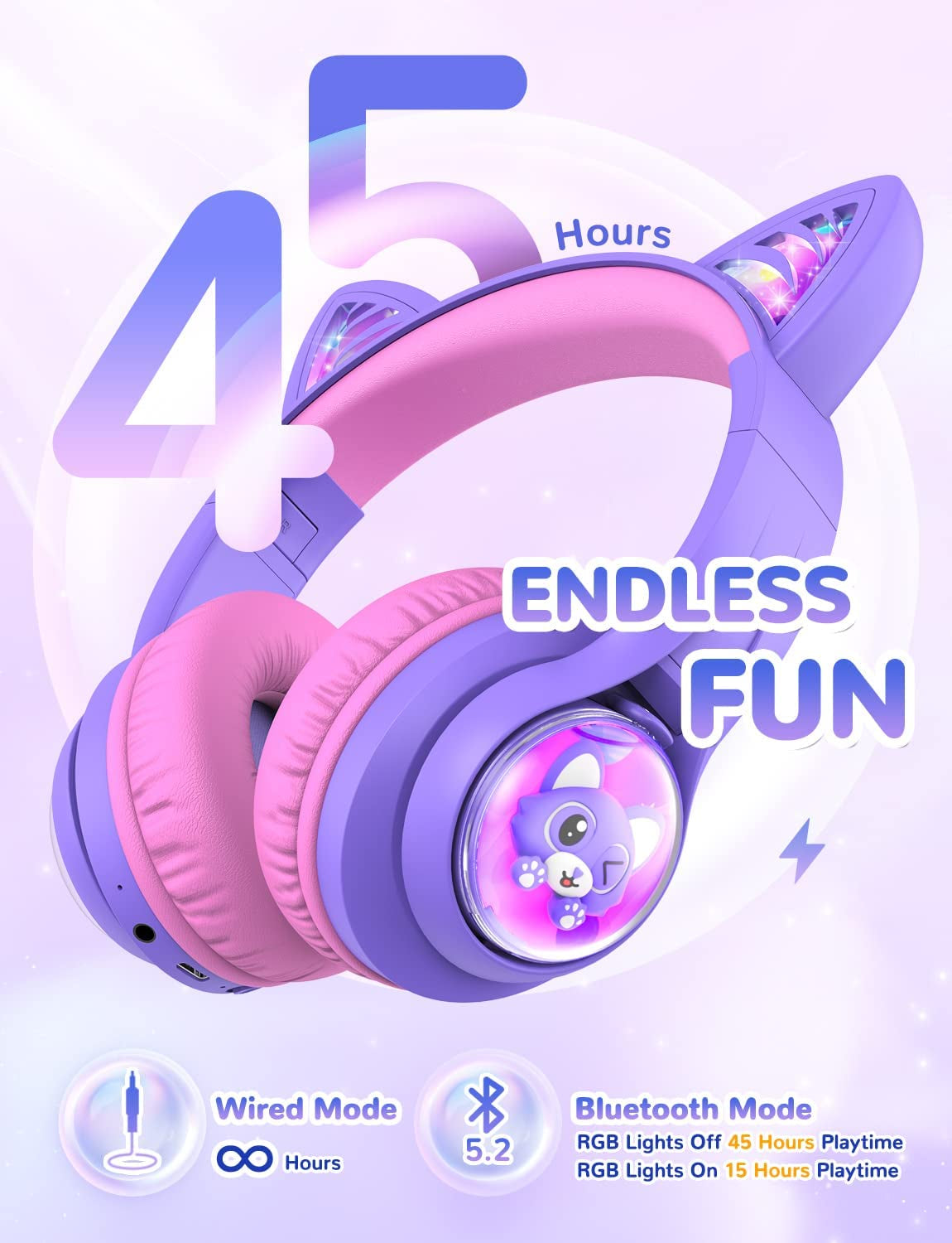 Cuffie Bluetooth per Bambini, BTH19 Cuffie per Bambini a Orecchie Da Gatto Con Luci LED, Limite Di Volume 74/85/94Dba, Tempo Di Riproduzione 45 Ore, Cuffie Wireless Sovraurali Con Microfono