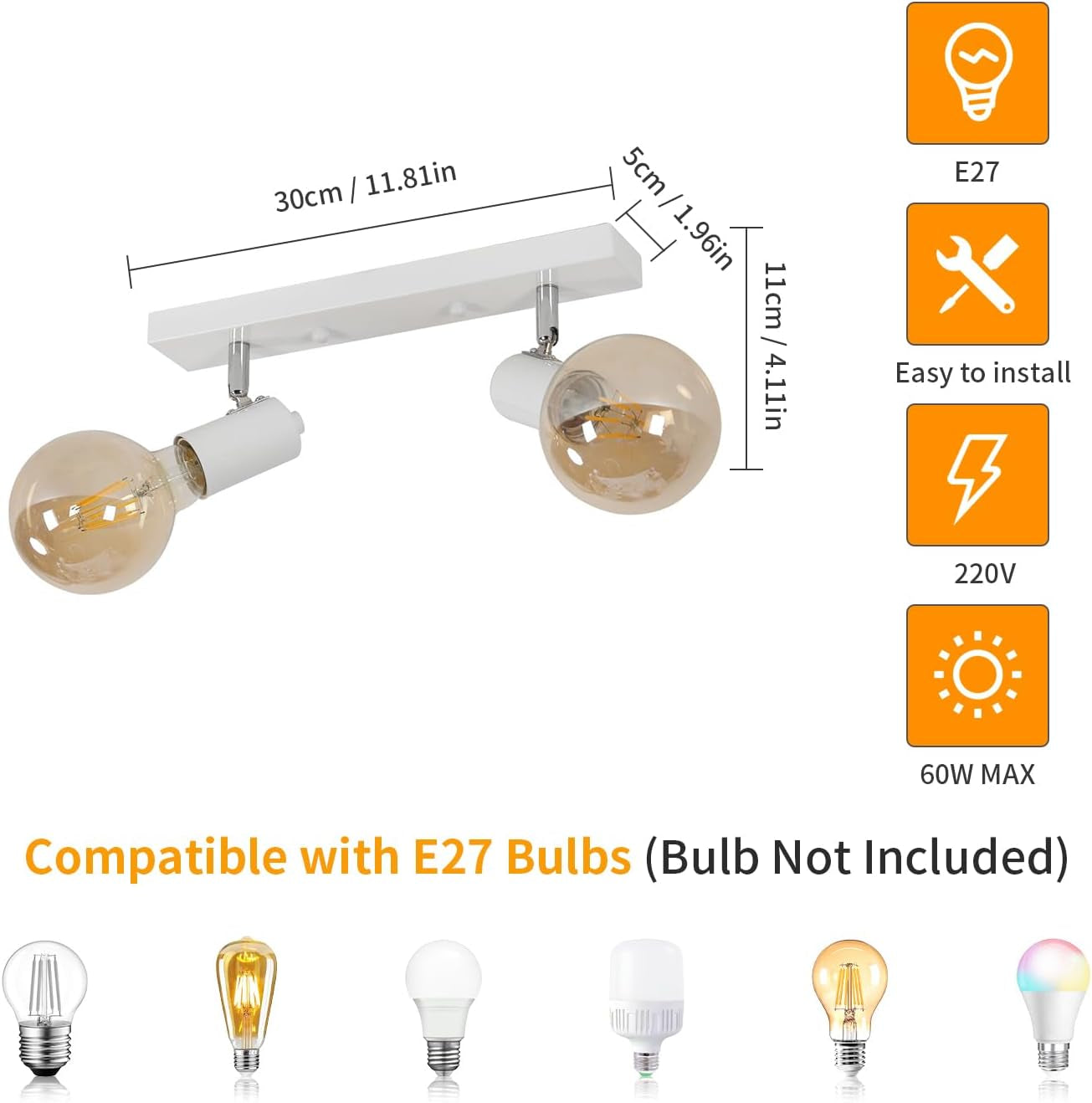 Faretti LED Da Soffitto Orientabili, Nero Lampada Da Soffitto E27, Plafoniera LED Interno E27 Con 2 Faretti per Salotto, Corridoi, Ingressi O Scale, Max 60W