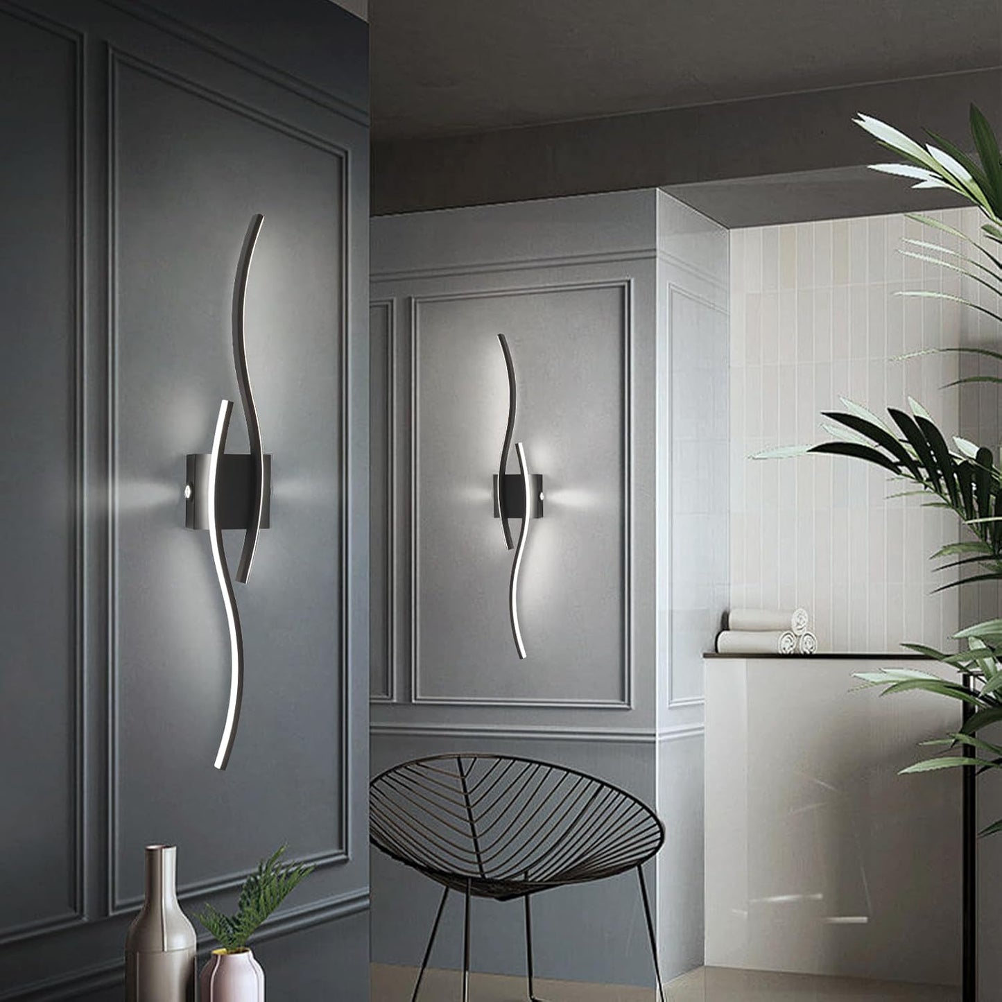 Lampada da Parete a LED per Interni, Lampade da Parete Moderne Nere LED con Sorgente Luminosa Ausiliaria su Entrambi i Lati, Lampada da Parete Curva Creativa per Scale Corridoi Soggiorno - Luce Bianca Fredda 28W 80Cm.
