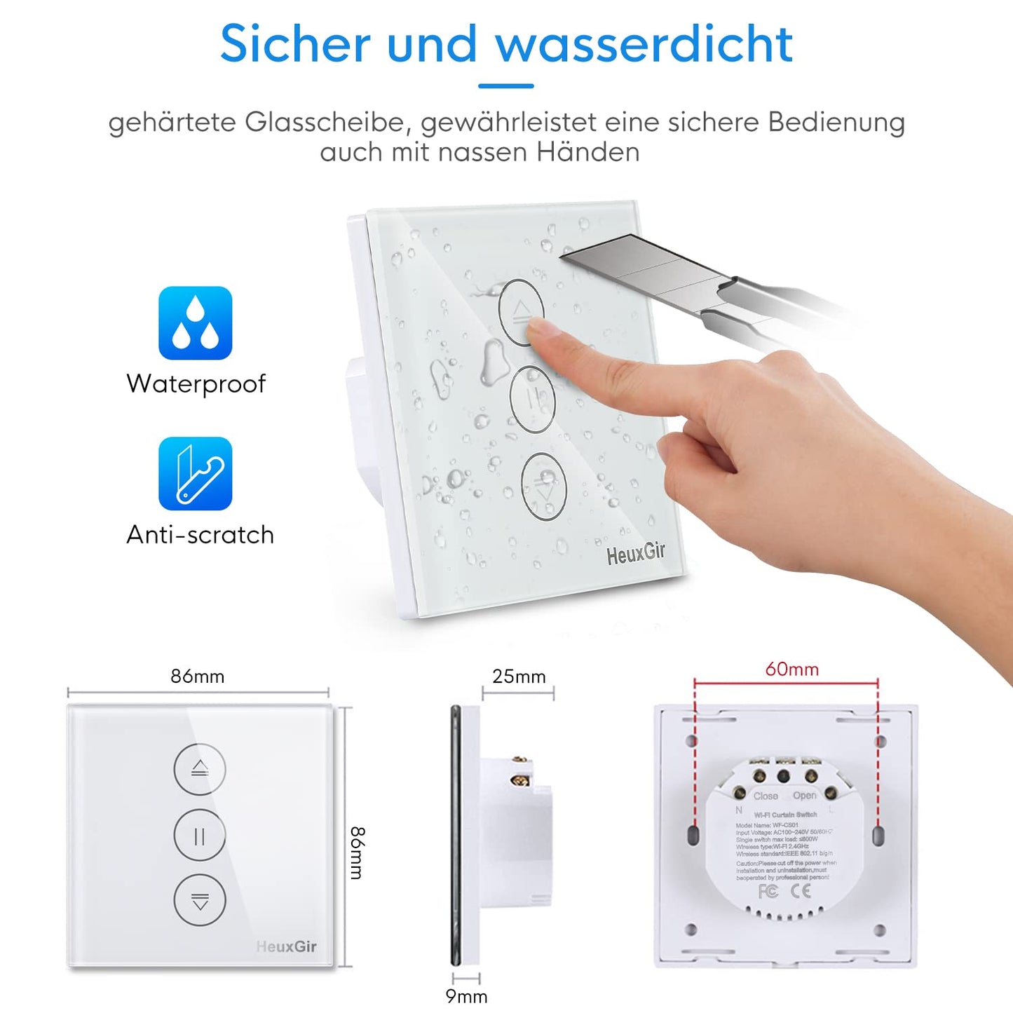 Interruttore per Tapparelle a Incasso, Compatibile Con Alexa Echo E Google Home, Pannello Touch, Interruttore per Tapparelle Wlan Smart Life, Cavo Zero Richiesto (1 Pezzo)