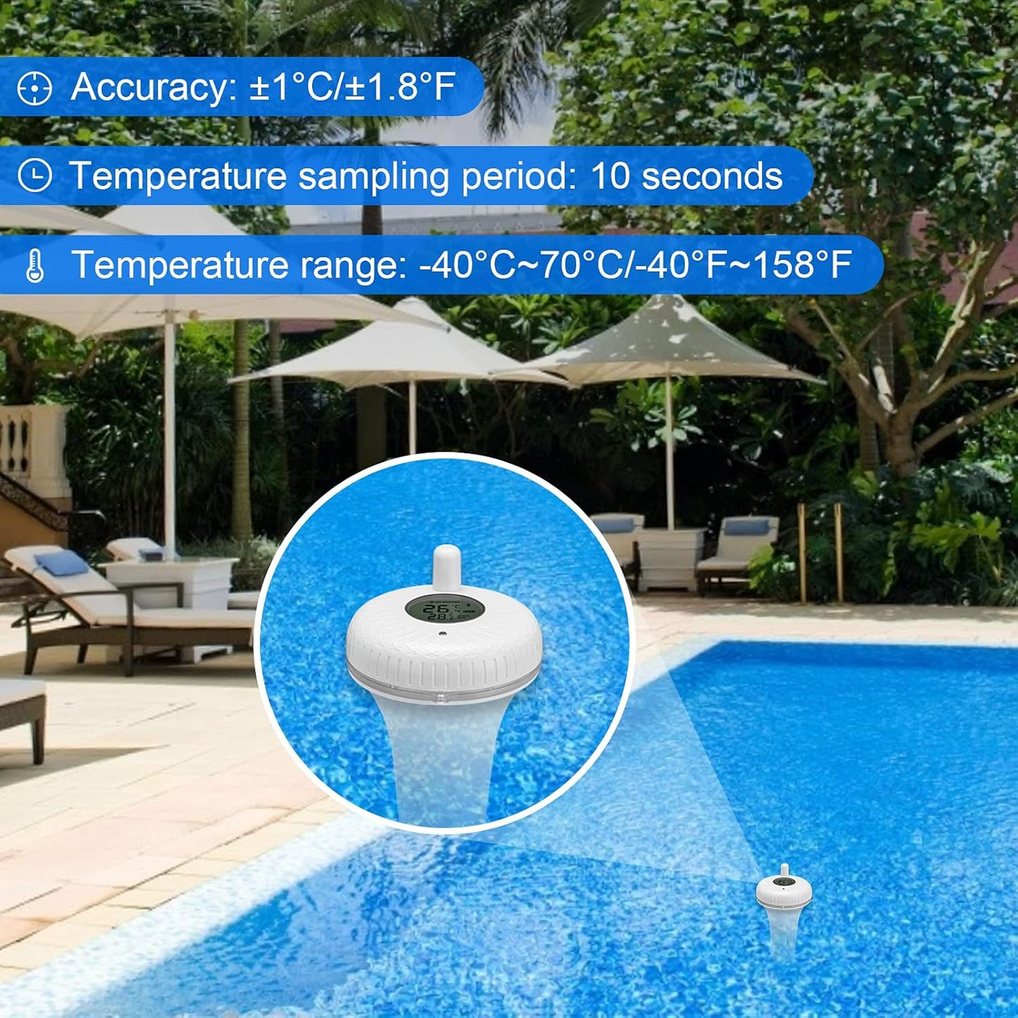 IBS-P02B Termometro per Piscina Digitale Termometro Galleggiante Bluetooth Con Sensore Di Temperatura Anti-Pioggia Con Esportazione Dati, Allarme, Grafica,Supporto per Ios E Android